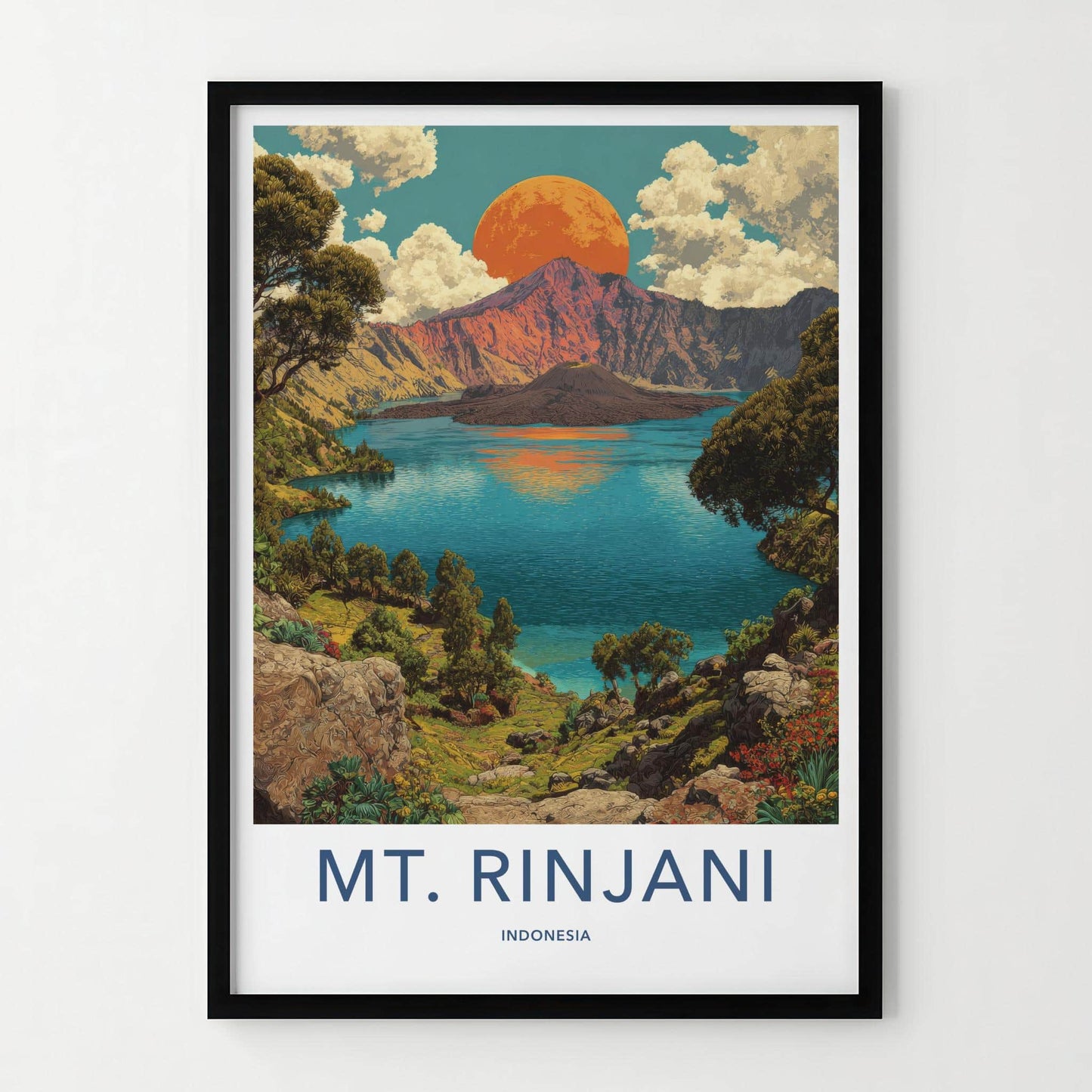 Mt. Rinjani Poster - Indonesia Travel Art - Orange Sun Crater Home Decor
