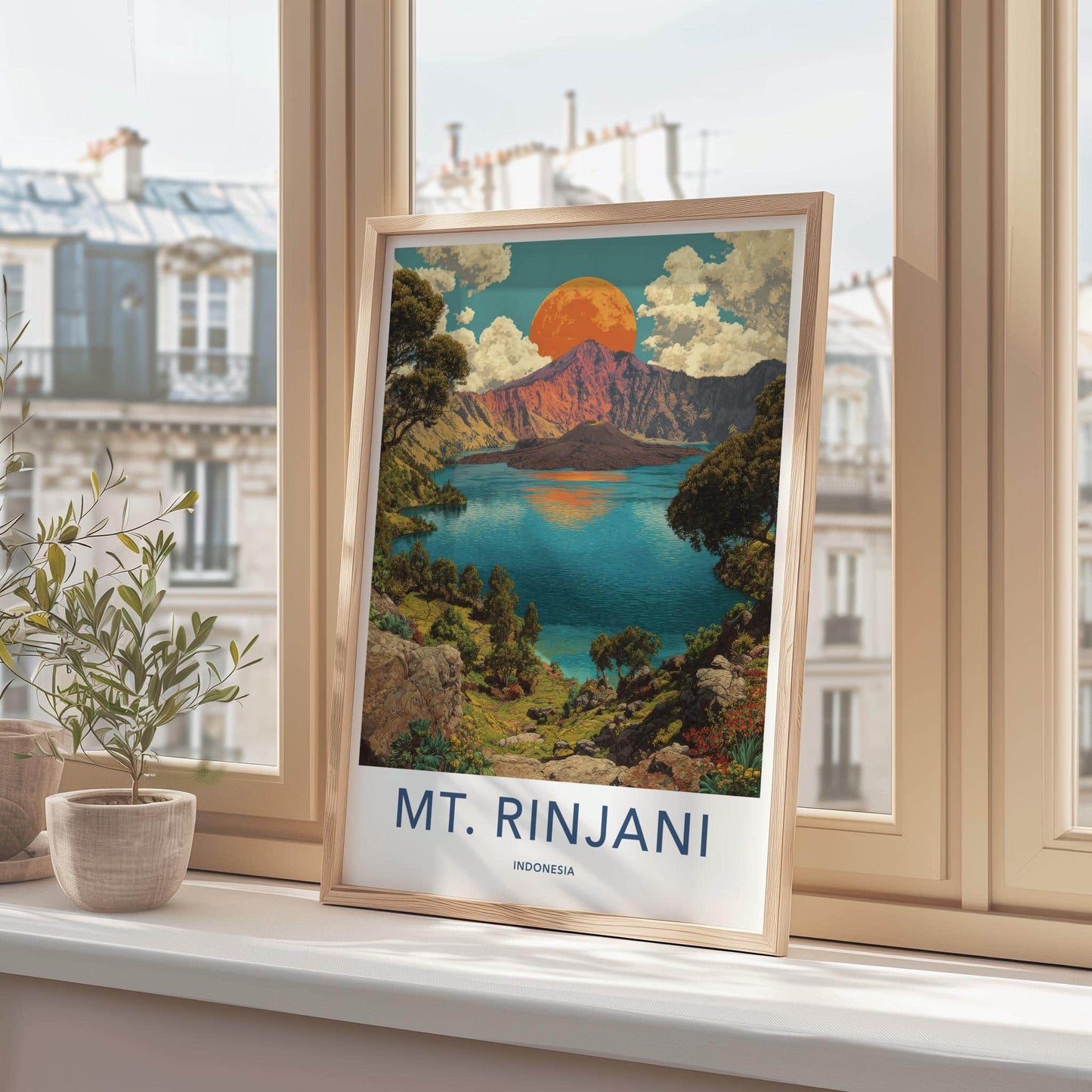 Mt. Rinjani Poster - Indonesia Travel Art - Orange Sun Crater Home Decor