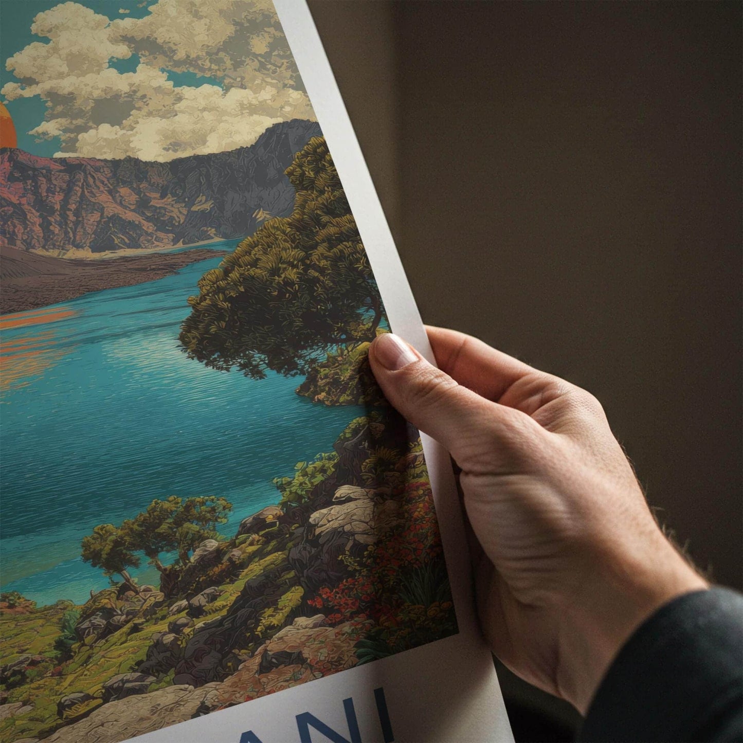 Mt. Rinjani Poster - Indonesia Travel Art - Orange Sun Crater Home Decor