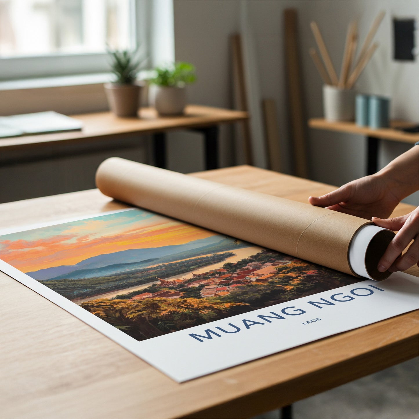 Muang Ngoi Poster - Laos Travel Art - River Valley Sunset Home Decor