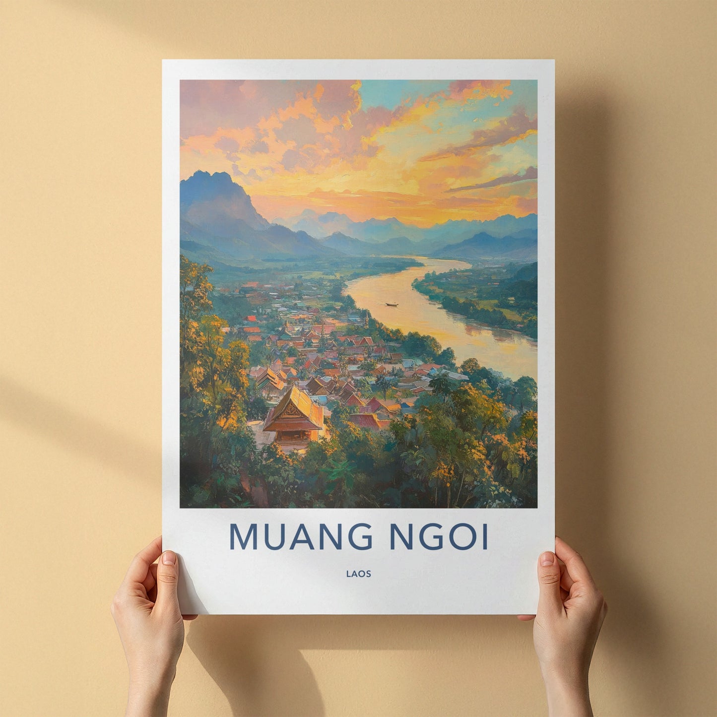 Muang Ngoi Poster - Laos Wall Art - Vibrant River Village Home Decor