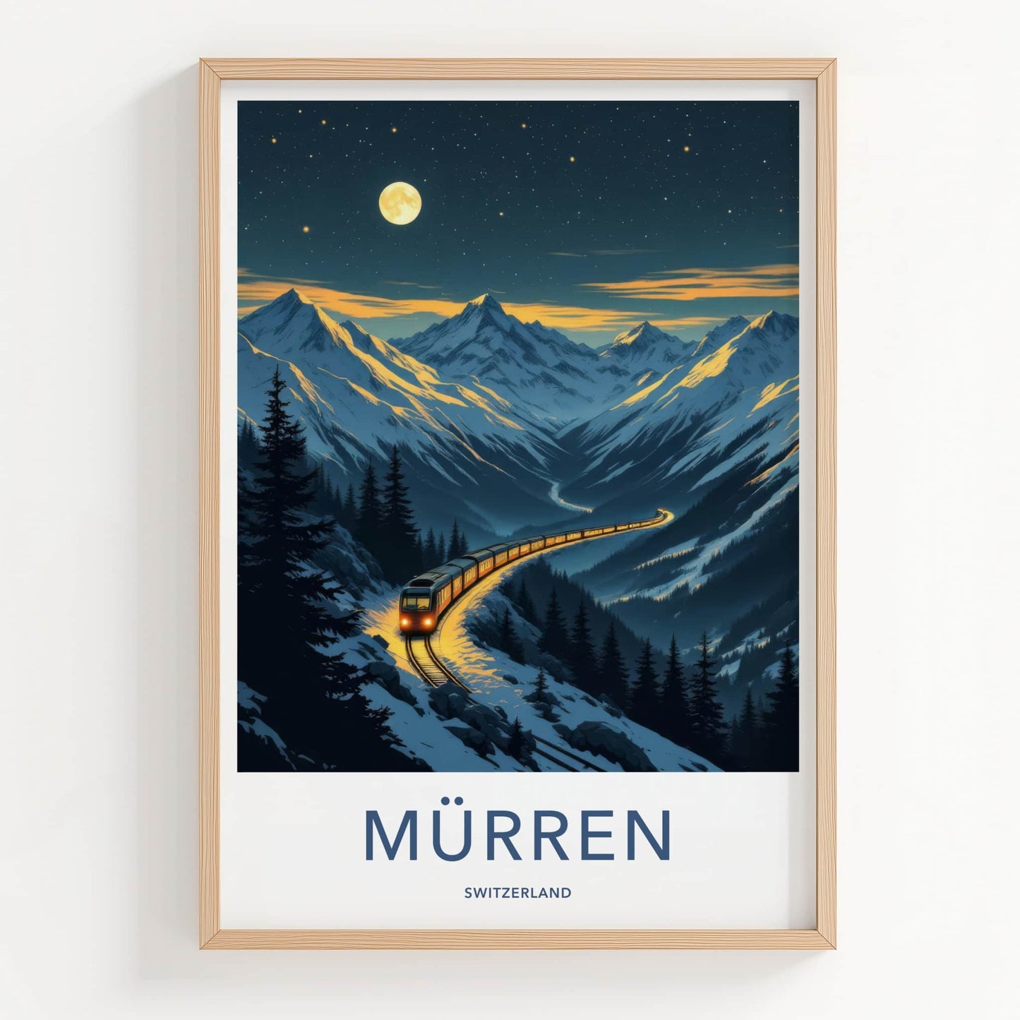 Muerren Poster - Switzerland Travel Art - Moonlit Mountain Train Wall Decor