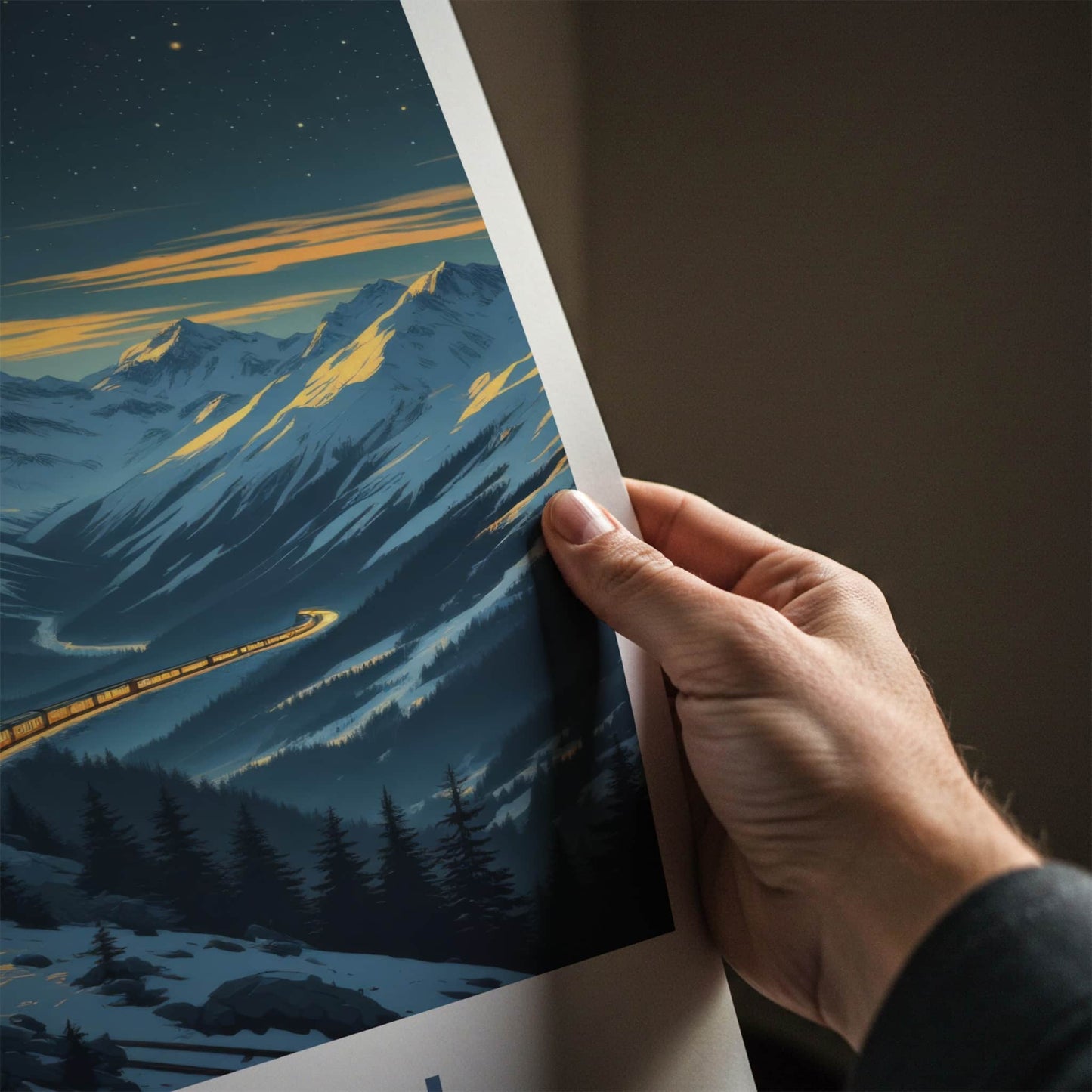 Muerren Poster - Switzerland Travel Art - Moonlit Mountain Train Wall Decor