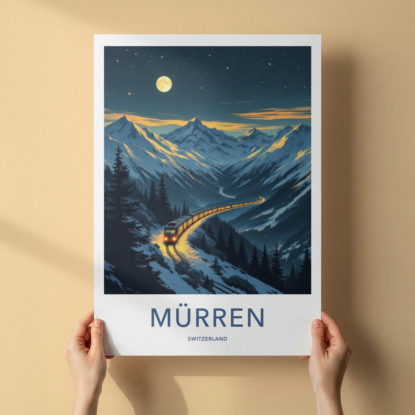 Muerren Poster - Switzerland Travel Art - Moonlit Mountain Train Wall Decor