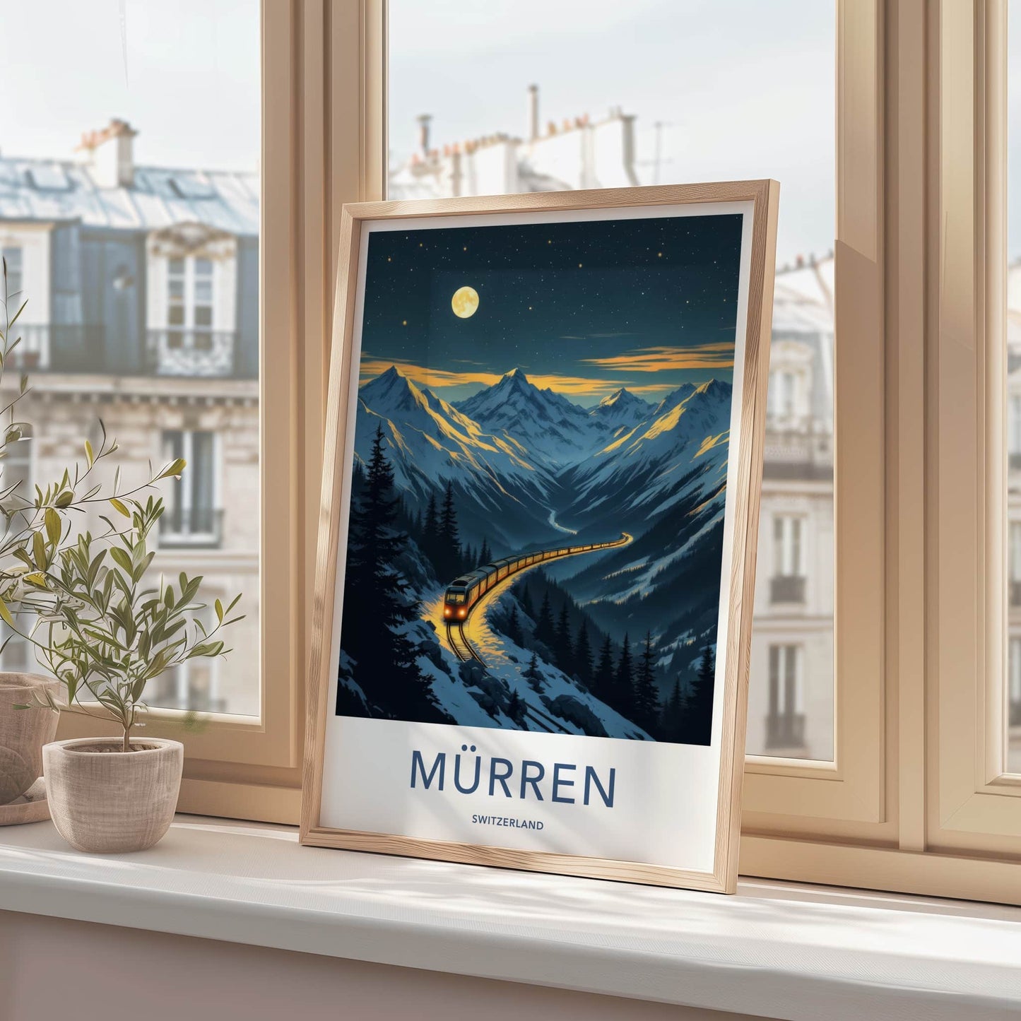 Muerren Poster - Switzerland Travel Art - Moonlit Mountain Train Wall Decor