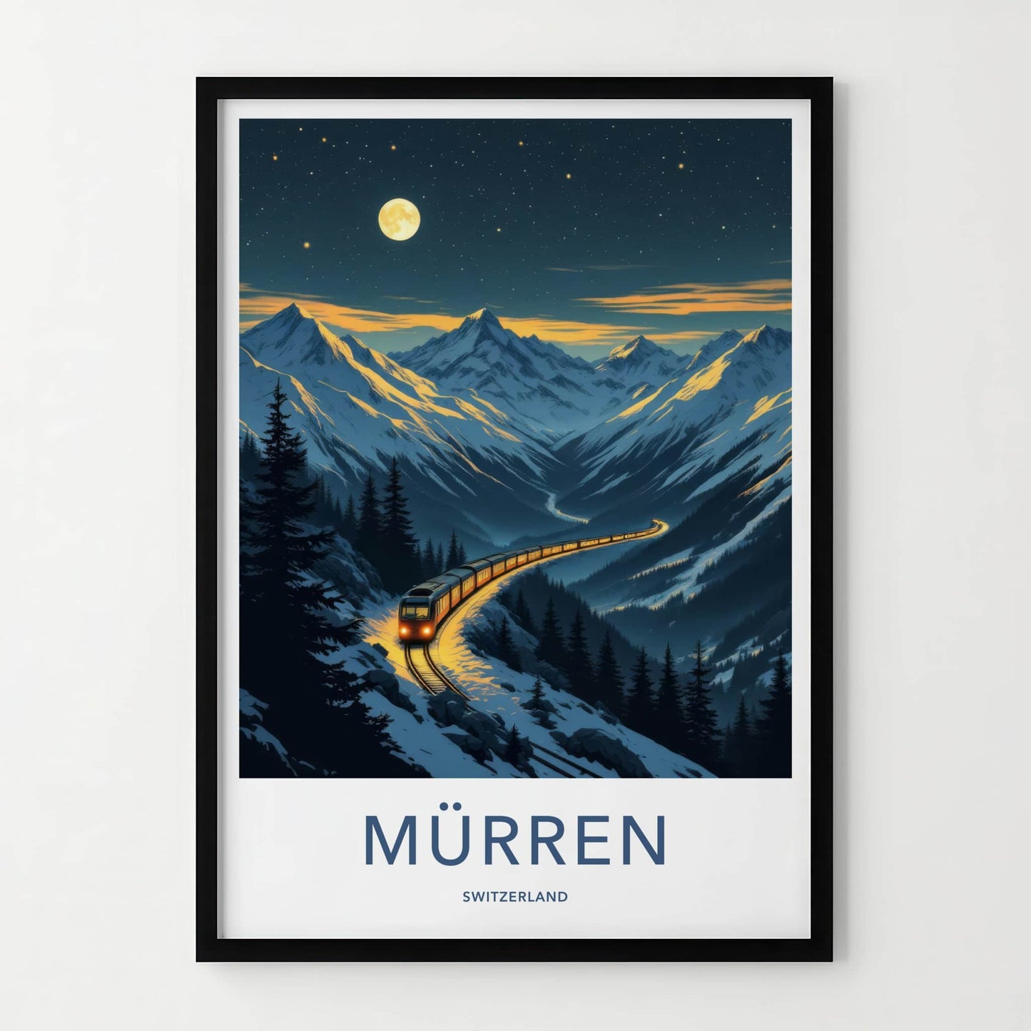 Muerren Poster - Switzerland Travel Art - Moonlit Mountain Train Wall Decor