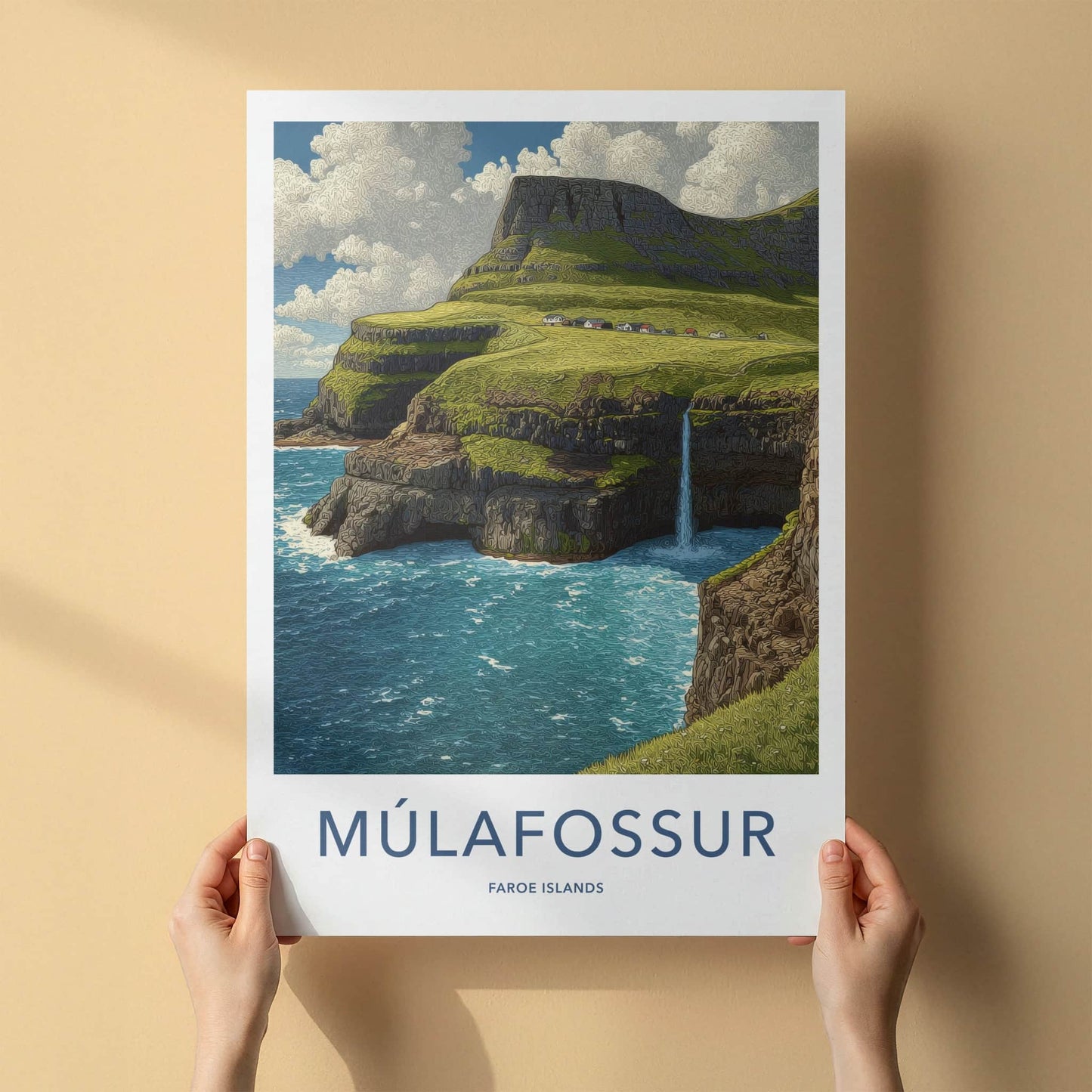 Mulafossur Poster - Faroe Islands Travel Art Cliffs Waterfall Gallery Art