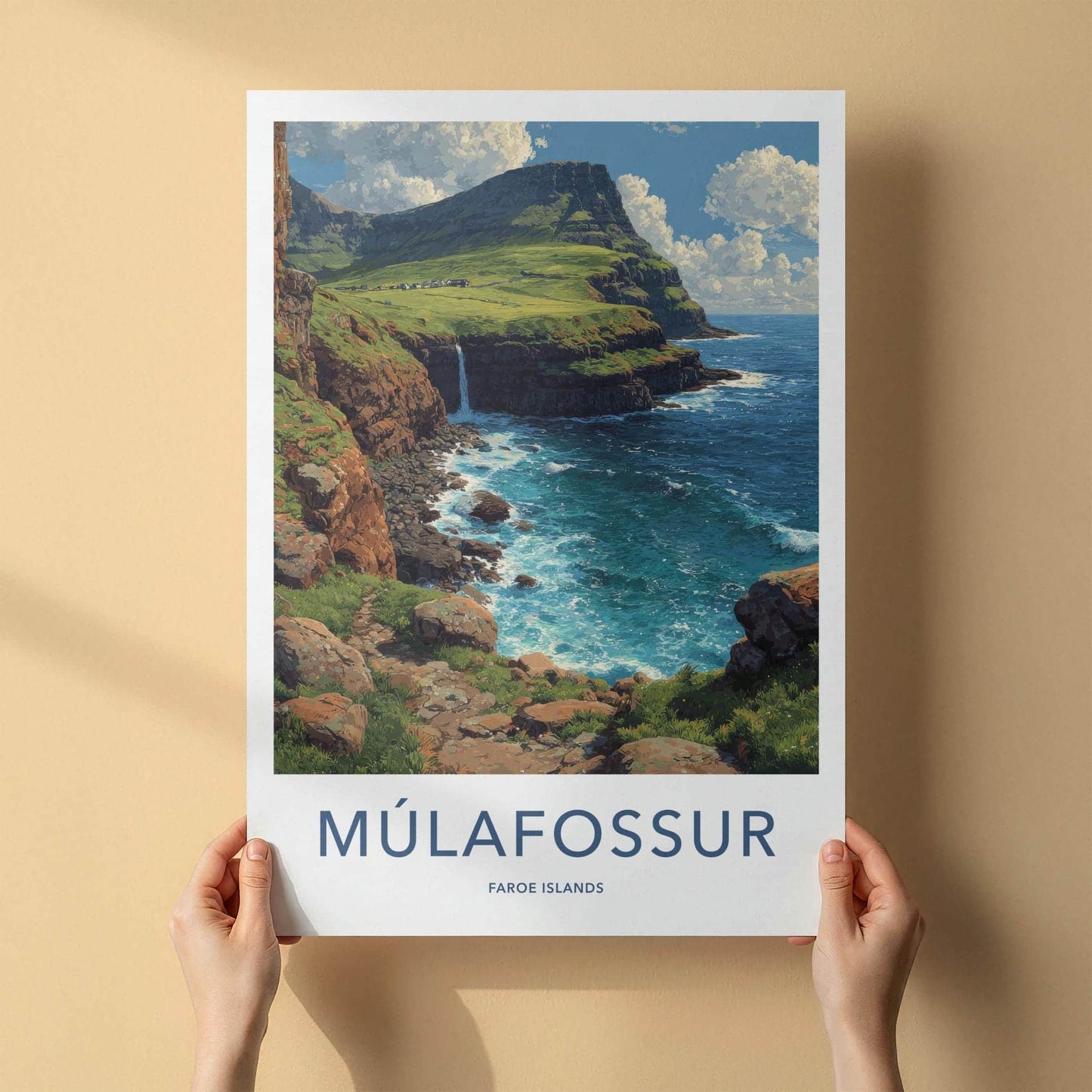 Mulafossur Poster - Faroe Islands Travel Art - Coastal Waterfall Cliffs Home Decor