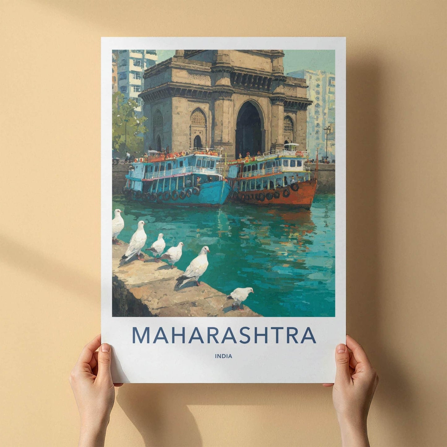 Mumbai Poster - India Travel Art - Maharashtra Arch Boats Pigeons Home Decor