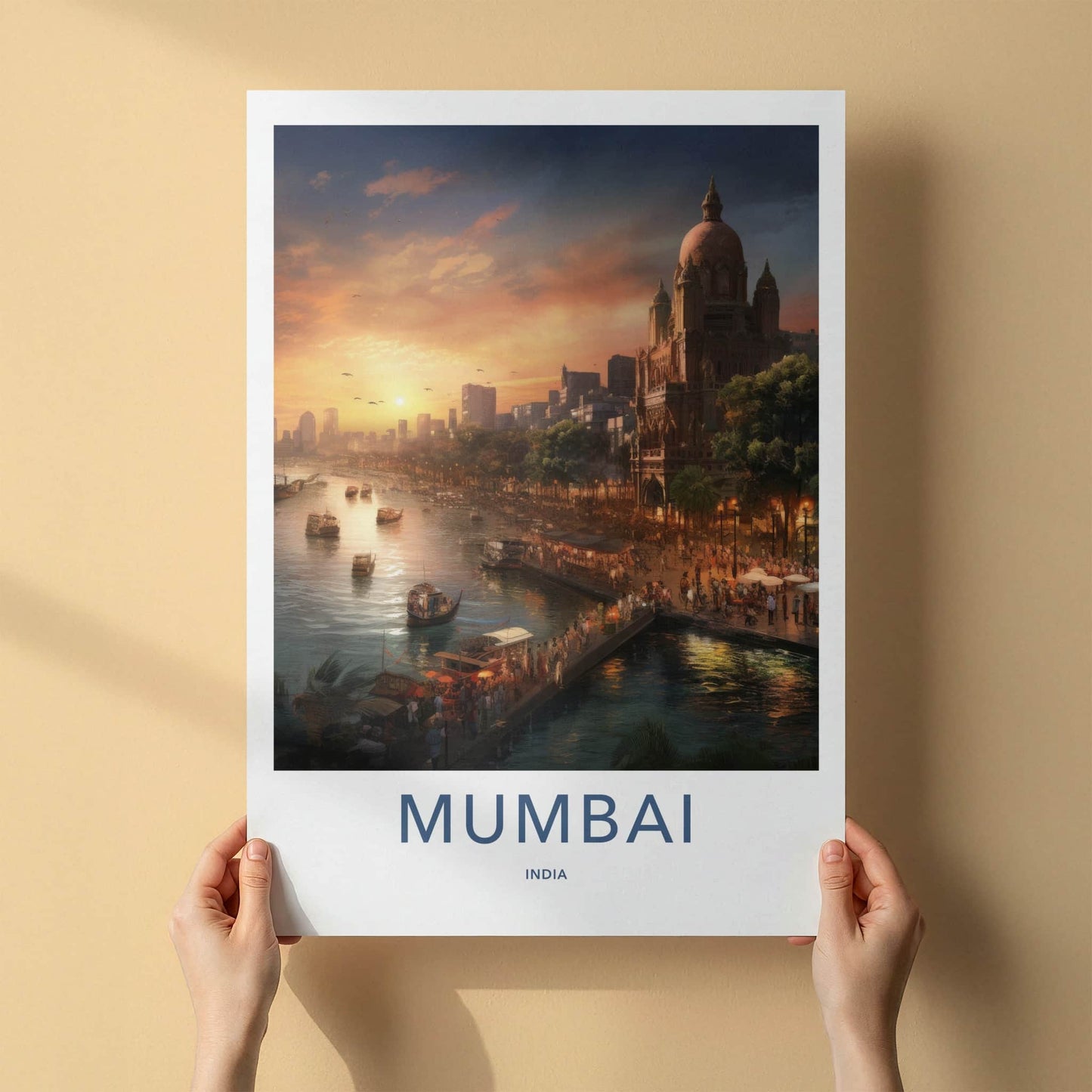 Mumbai Poster - India Travel Art - Maharashtra Busy Harbor Sunset Home Decor