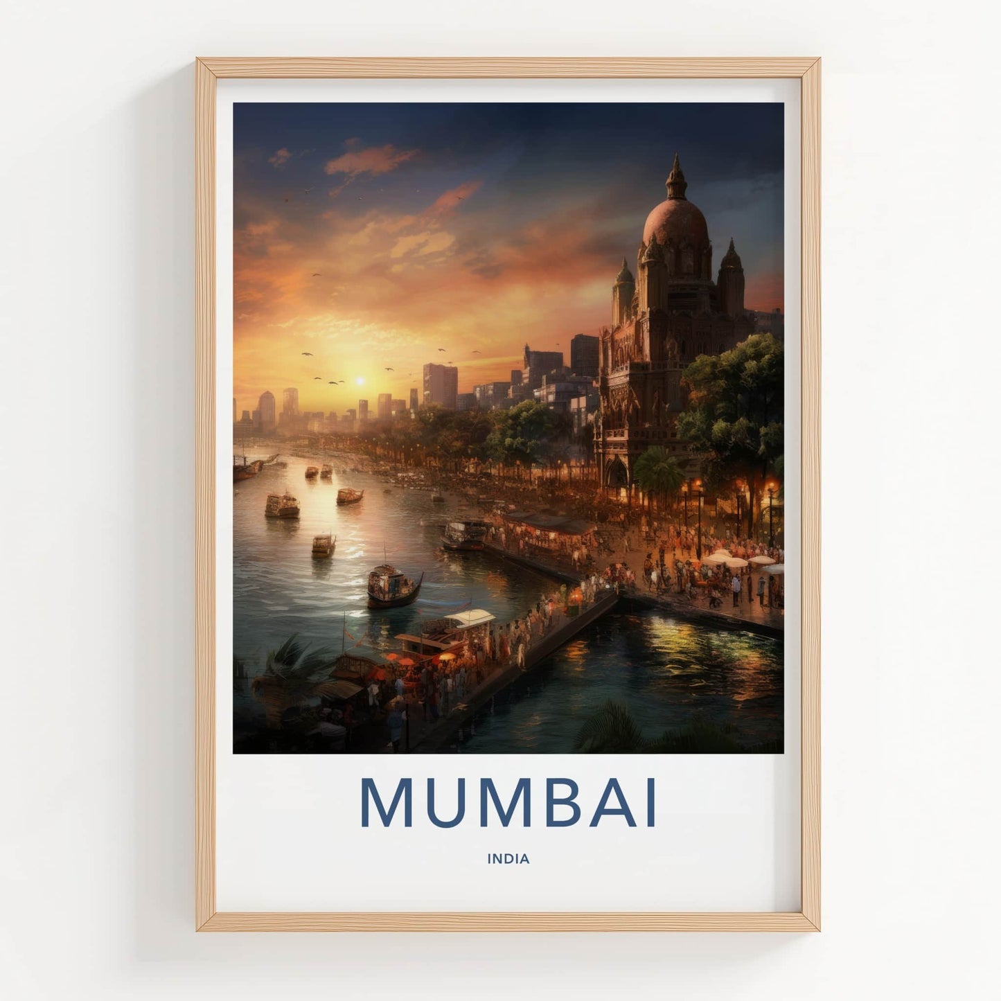 Mumbai Poster - India Travel Art - Maharashtra Busy Harbor Sunset Home Decor
