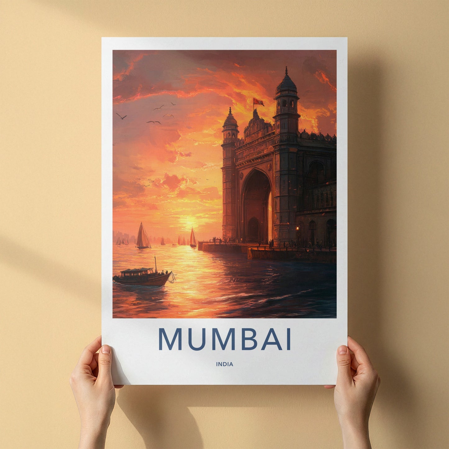 Mumbai Poster - India Travel Print - Maharashtra Gateway Sunset Boats Framed Decor