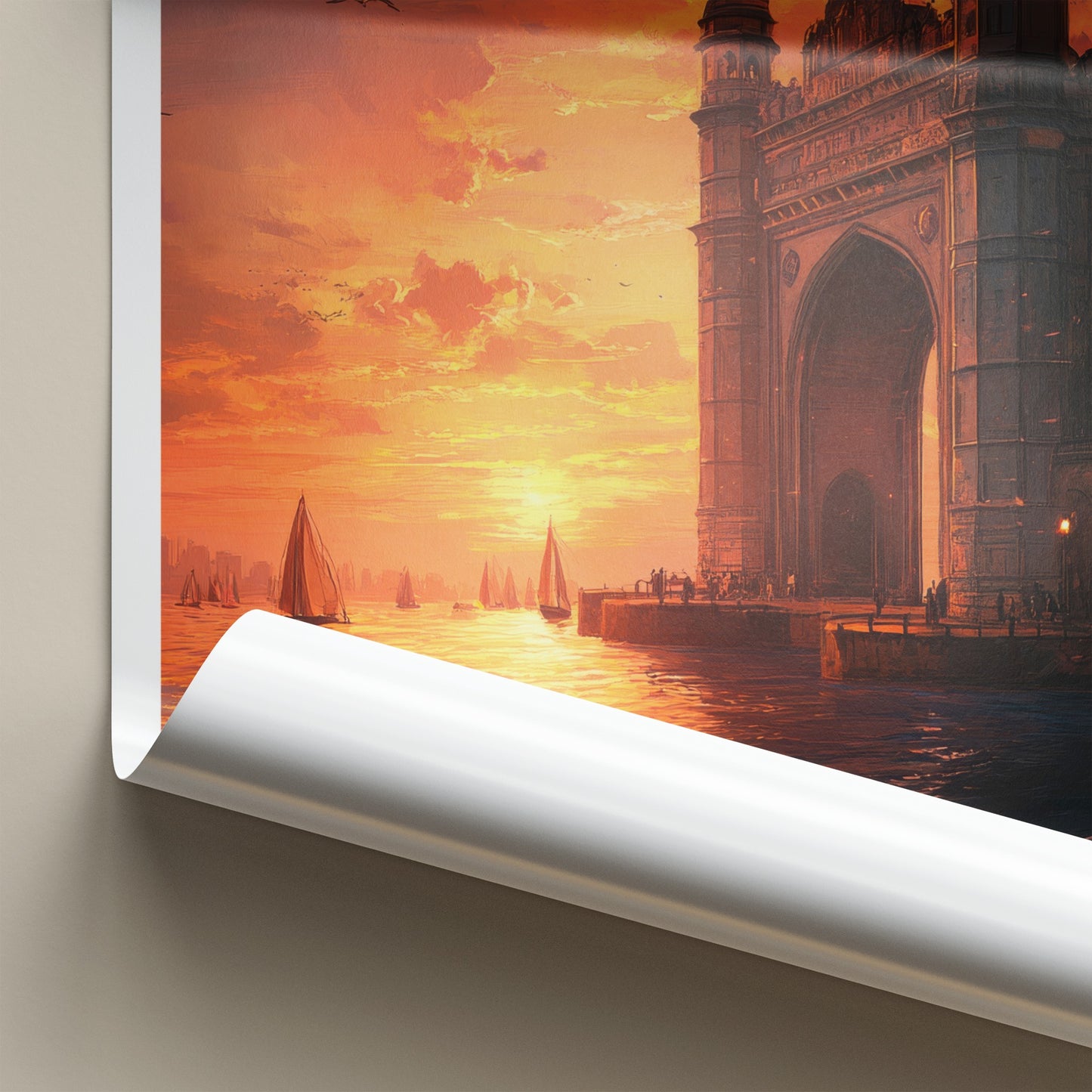 Mumbai Poster - India Travel Print - Maharashtra Gateway Sunset Boats Framed Decor
