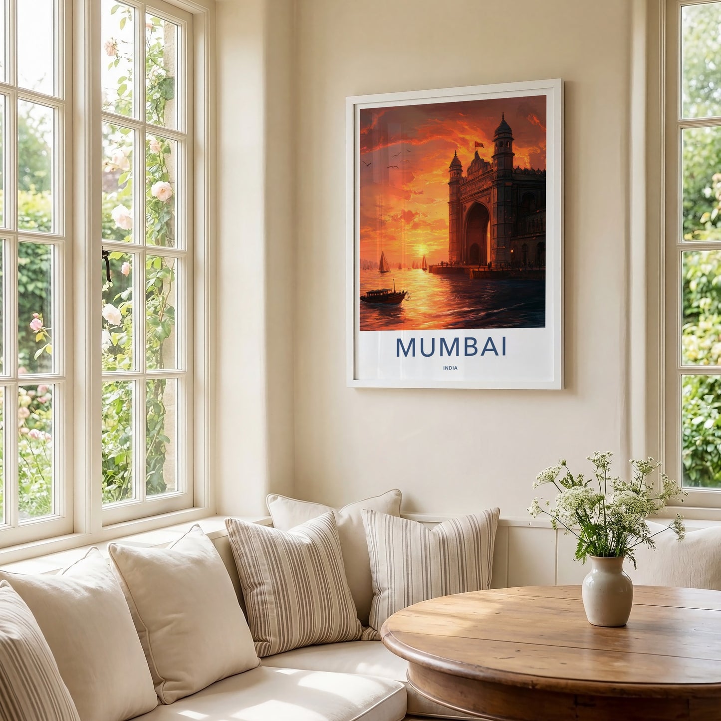 Mumbai Poster - India Travel Print - Maharashtra Gateway Sunset Boats Framed Decor