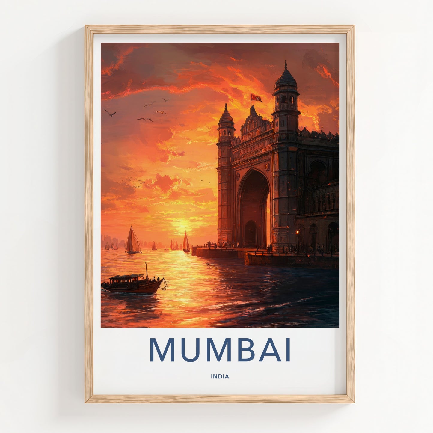 Mumbai Poster - India Travel Print - Maharashtra Gateway Sunset Boats Framed Decor
