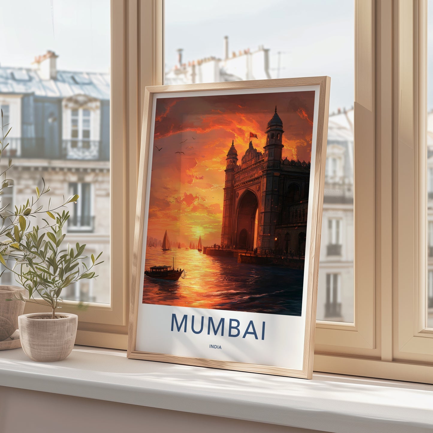 Mumbai Poster - India Travel Print - Maharashtra Gateway Sunset Boats Framed Decor