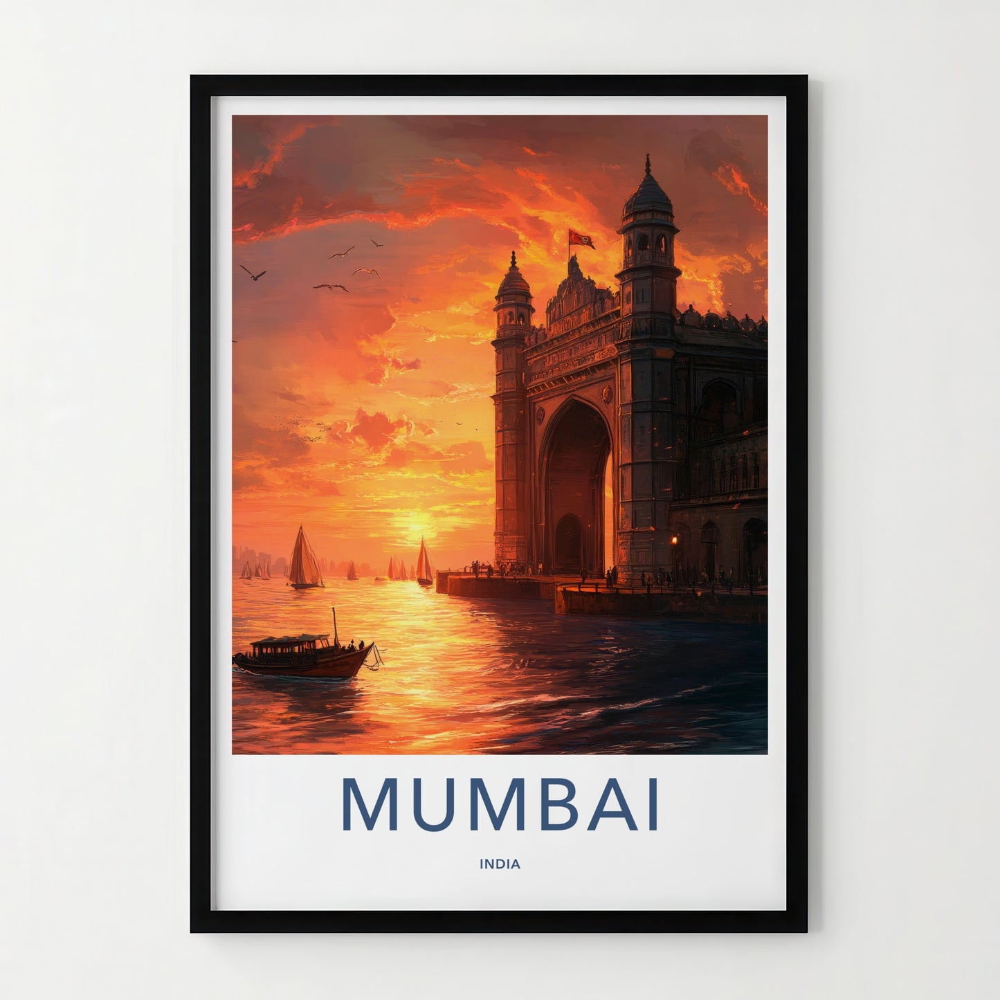 Mumbai Poster - India Travel Print - Maharashtra Gateway Sunset Boats Framed Decor