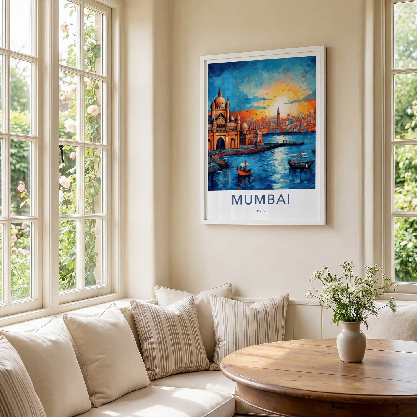 Mumbai Poster - India Wall Art - Maharashtra Boats City Sunset Home Decor