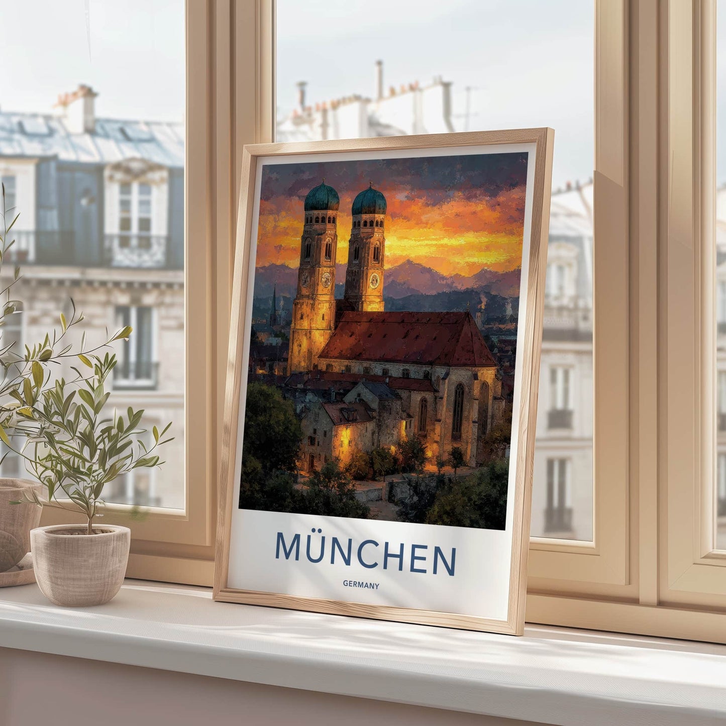 Munchen Poster - Germany Travel Art - Church Sunset Mountains Home Decor