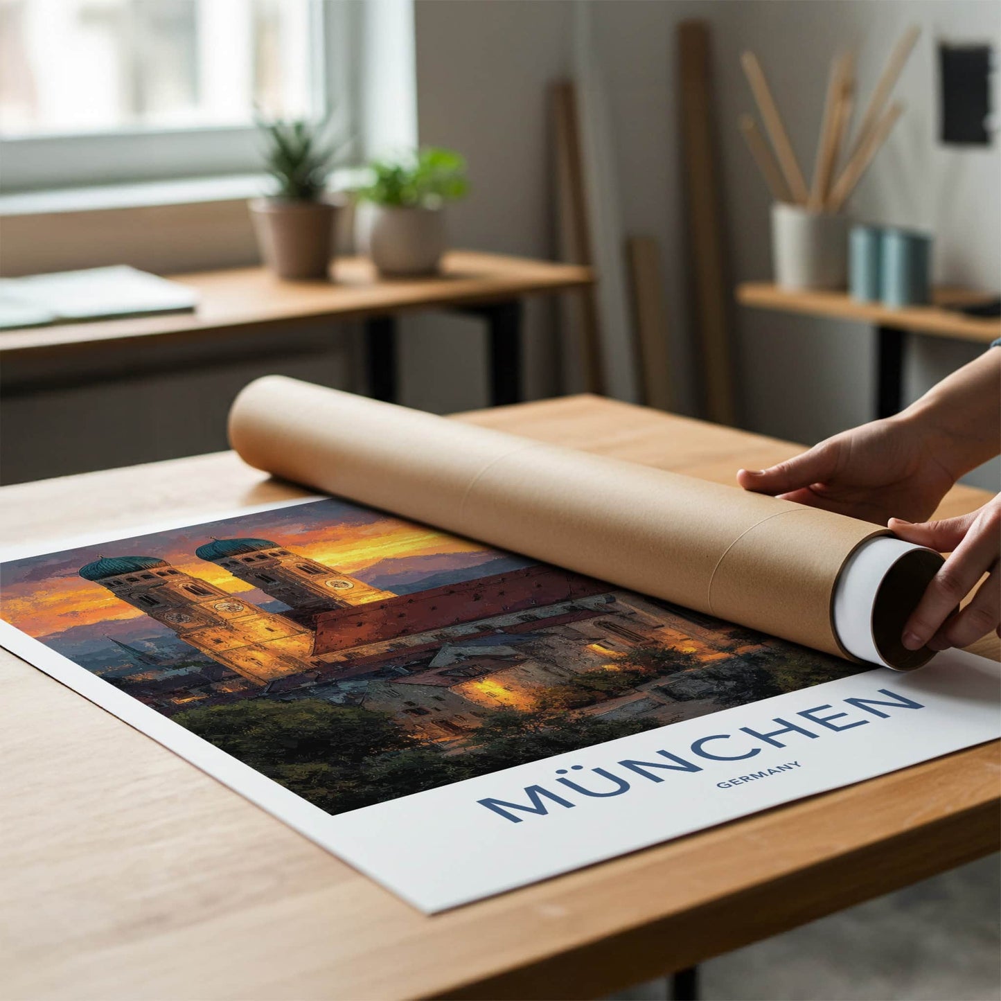 Munchen Poster - Germany Travel Art - Church Sunset Mountains Home Decor