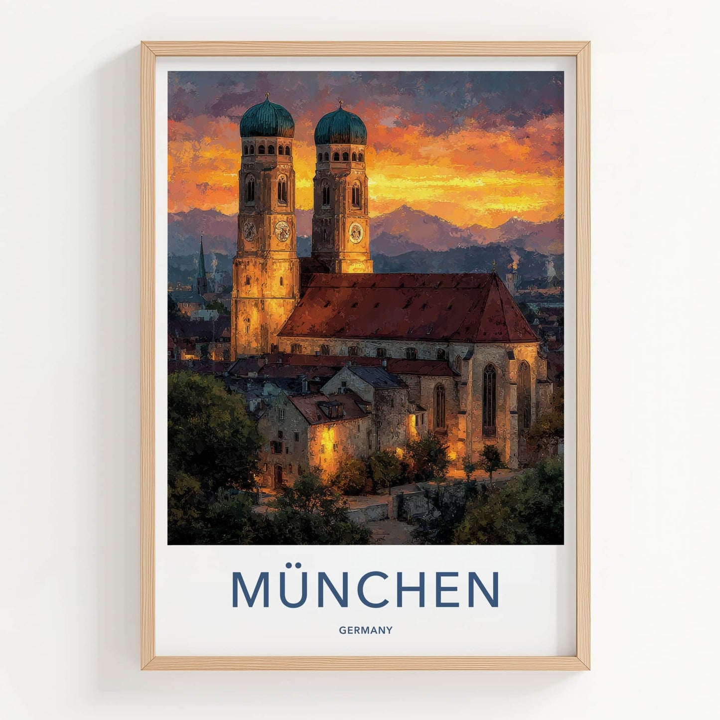 Munchen Poster - Germany Travel Art - Church Sunset Mountains Home Decor