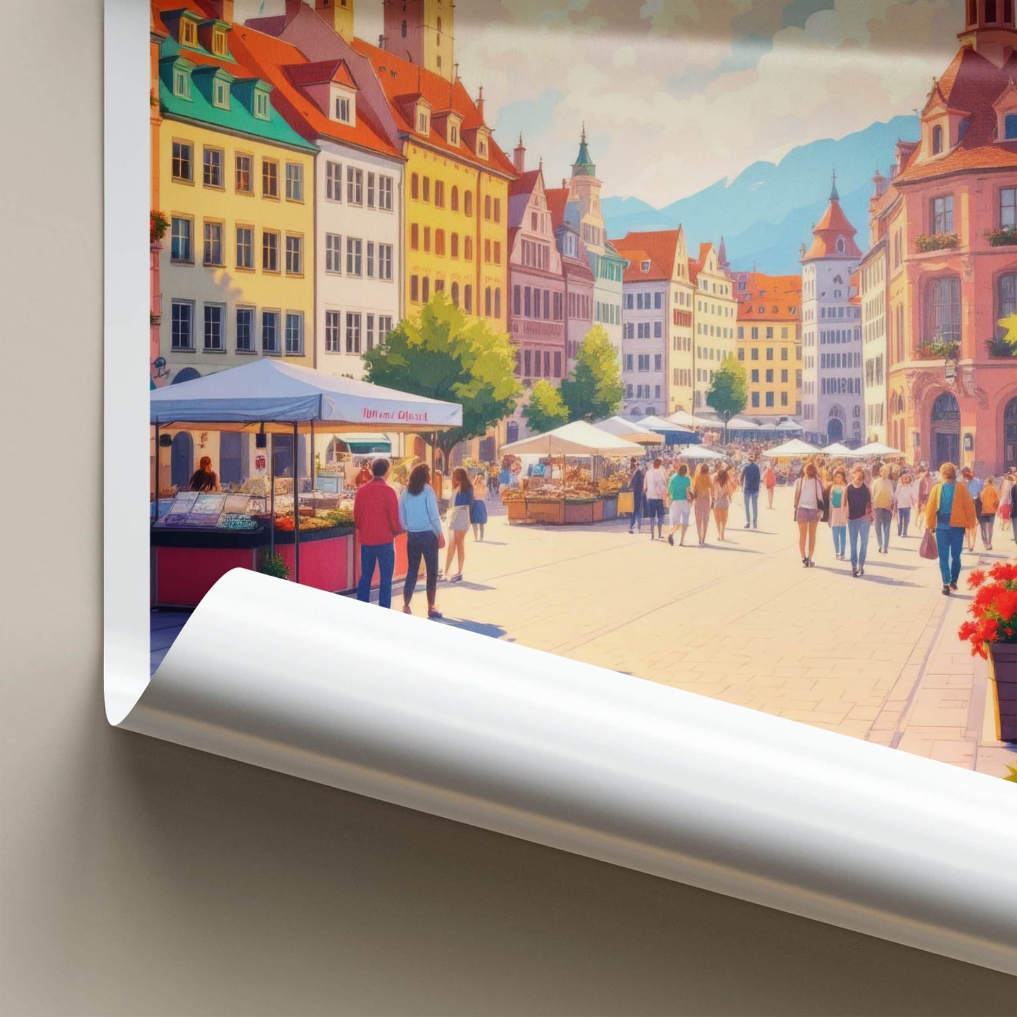 Munich Poster - Germany Travel Art - Bustling Market Square Wall Decor