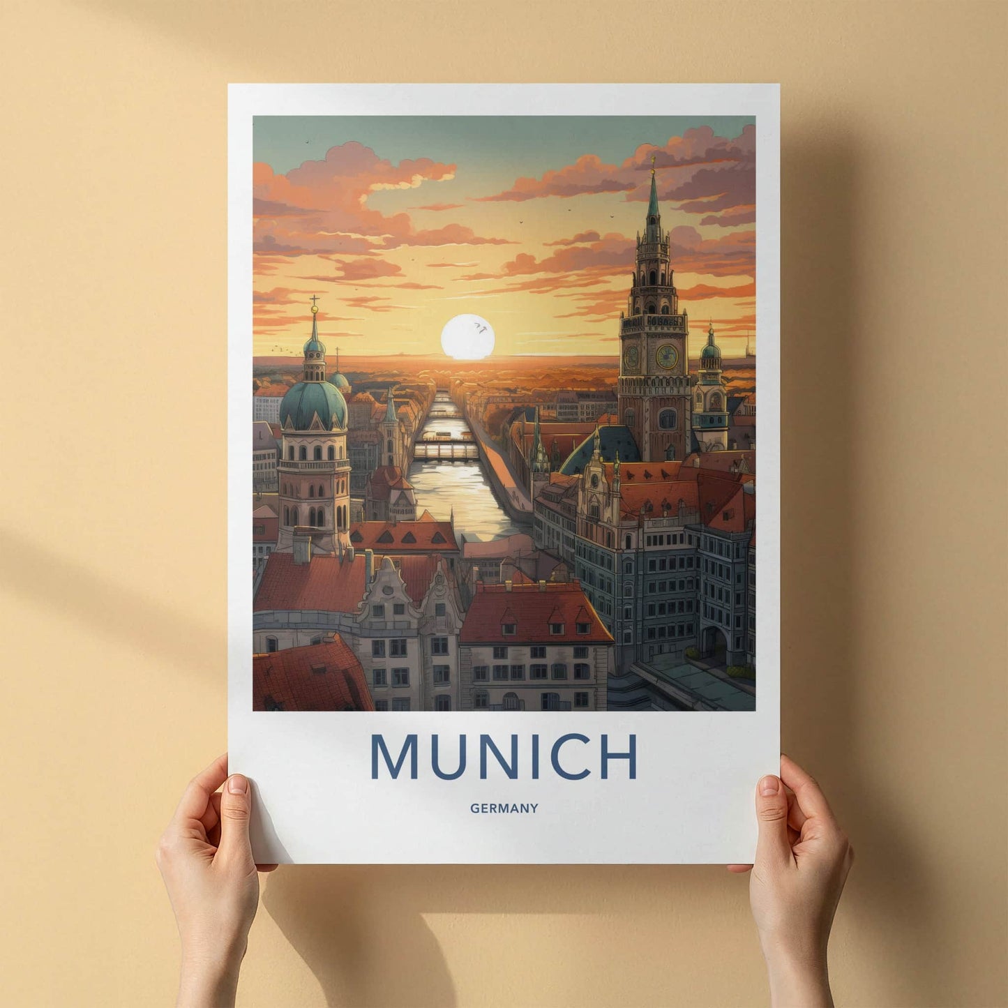 Munich Poster - Germany Travel Art - Cityscape River Sunset Home Decor