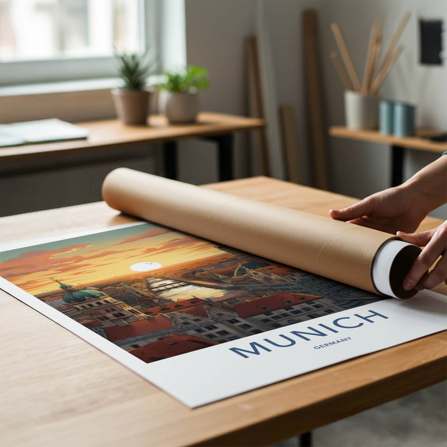 Munich Poster - Germany Travel Art - Cityscape River Sunset Home Decor