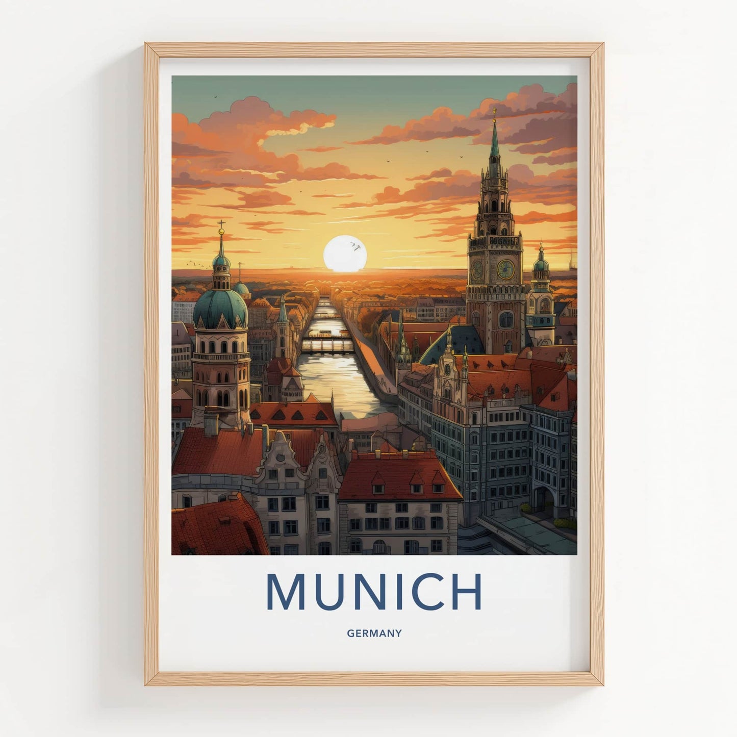 Munich Poster - Germany Travel Art - Cityscape River Sunset Home Decor