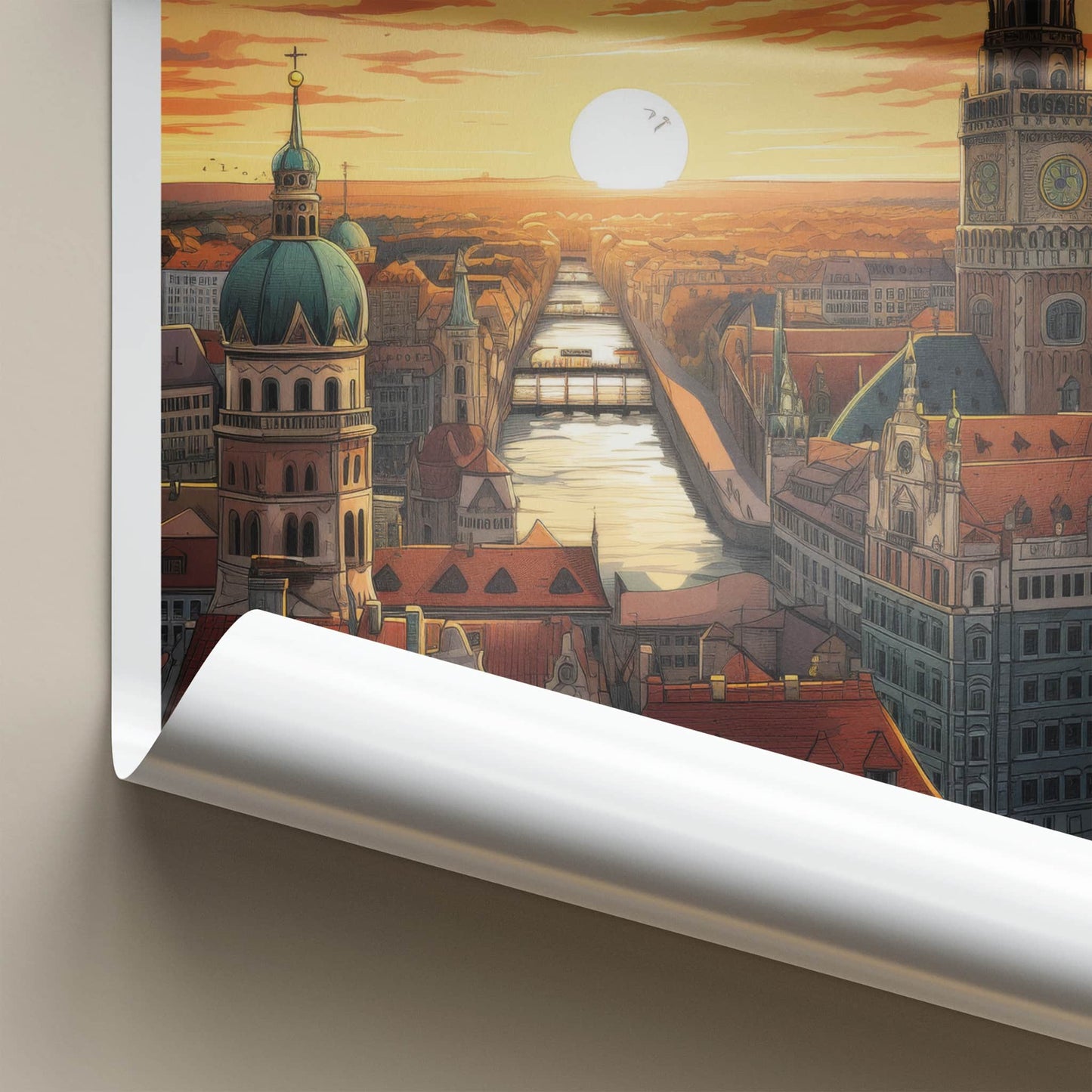 Munich Poster - Germany Travel Art - Cityscape River Sunset Home Decor