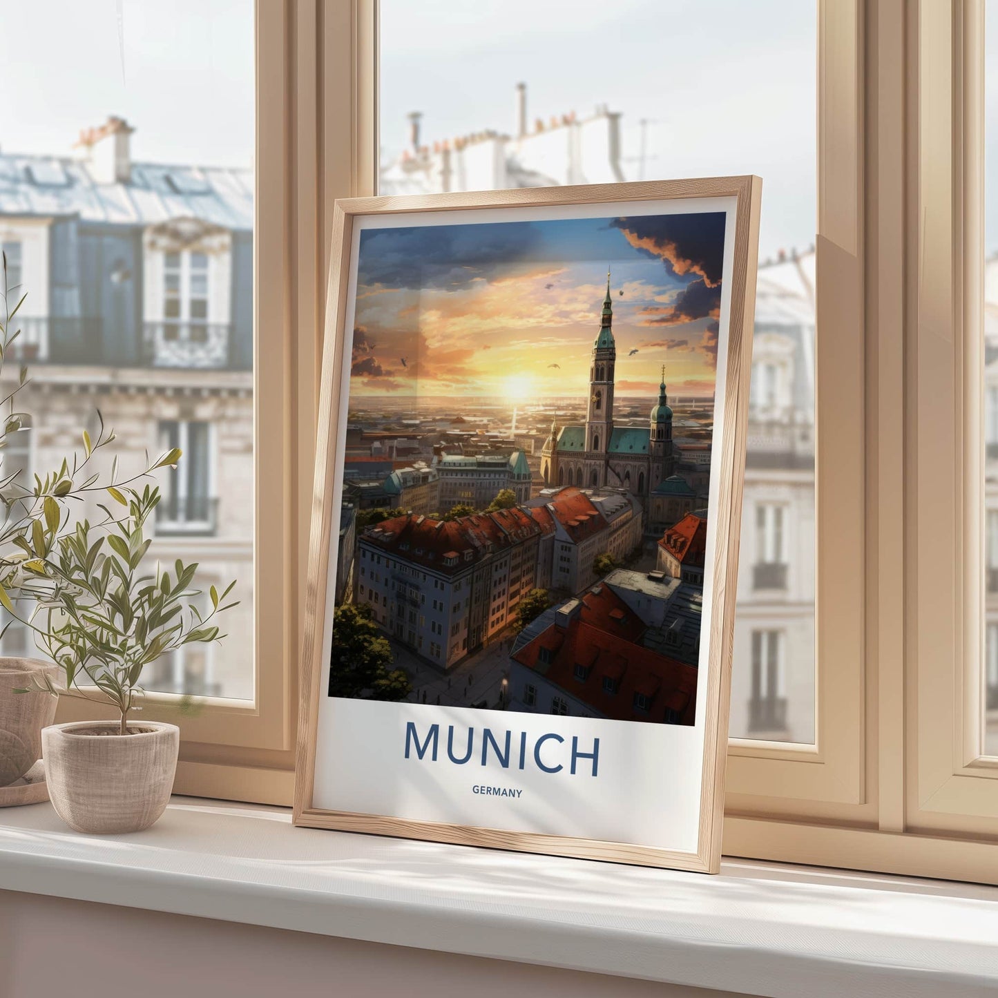 Munich Poster - Germany Travel Art - Cityscape Sunset Glow Home Decor