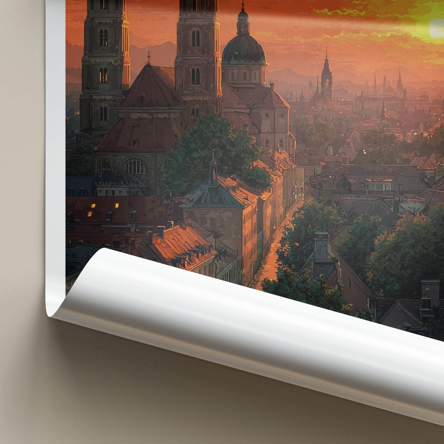 Munich Poster - Germany Travel Art - Orange Sunset Rooftops Home Decor