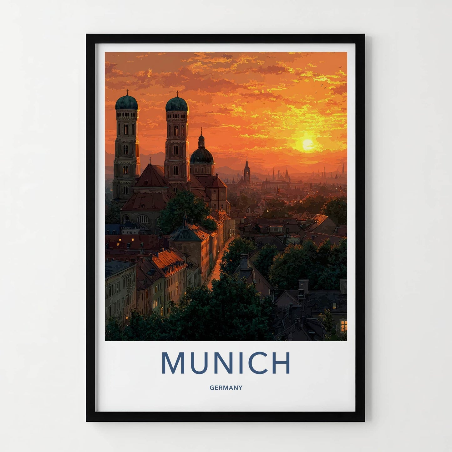Munich Poster - Germany Travel Art - Orange Sunset Rooftops Home Decor