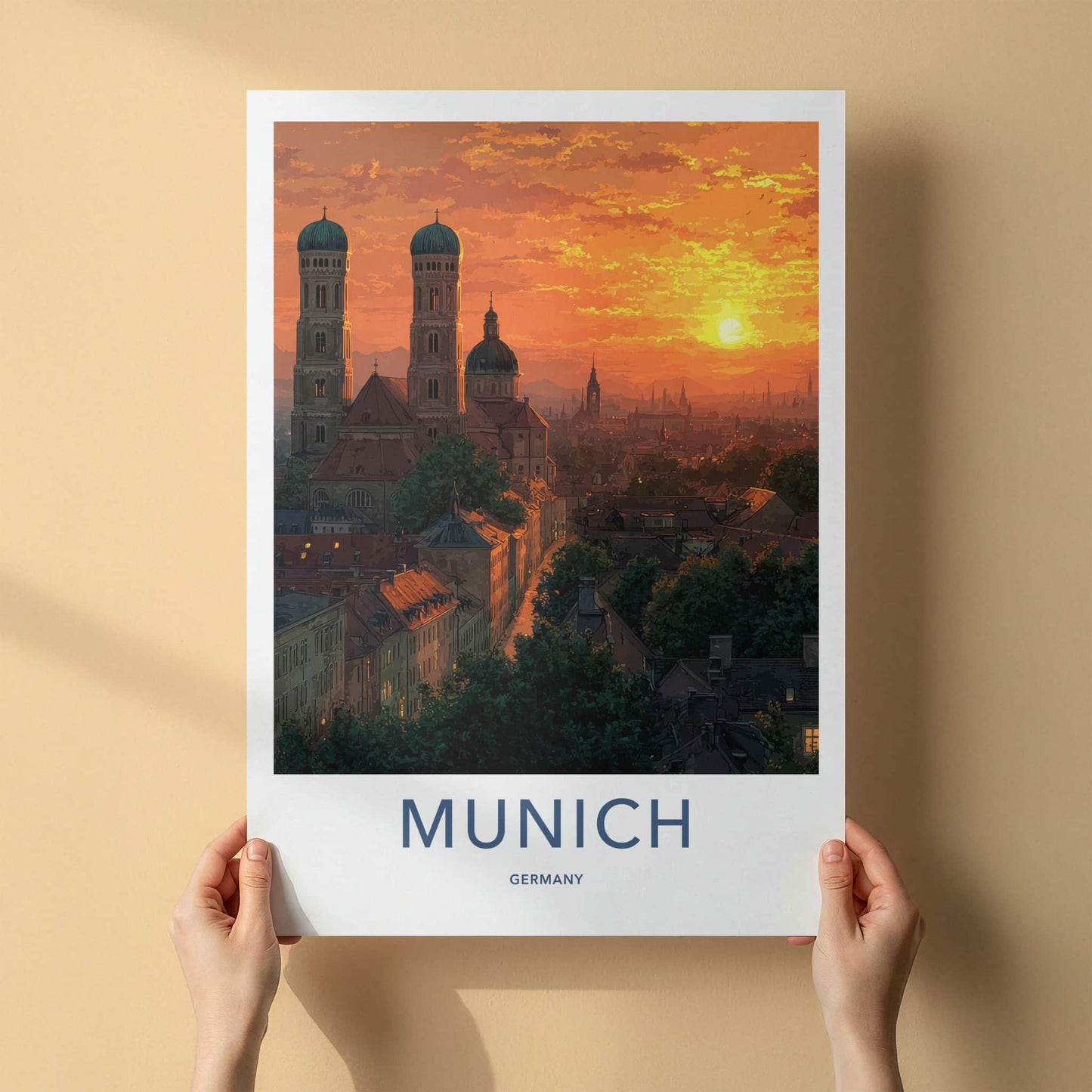 Munich Poster - Germany Travel Art - Orange Sunset Rooftops Home Decor