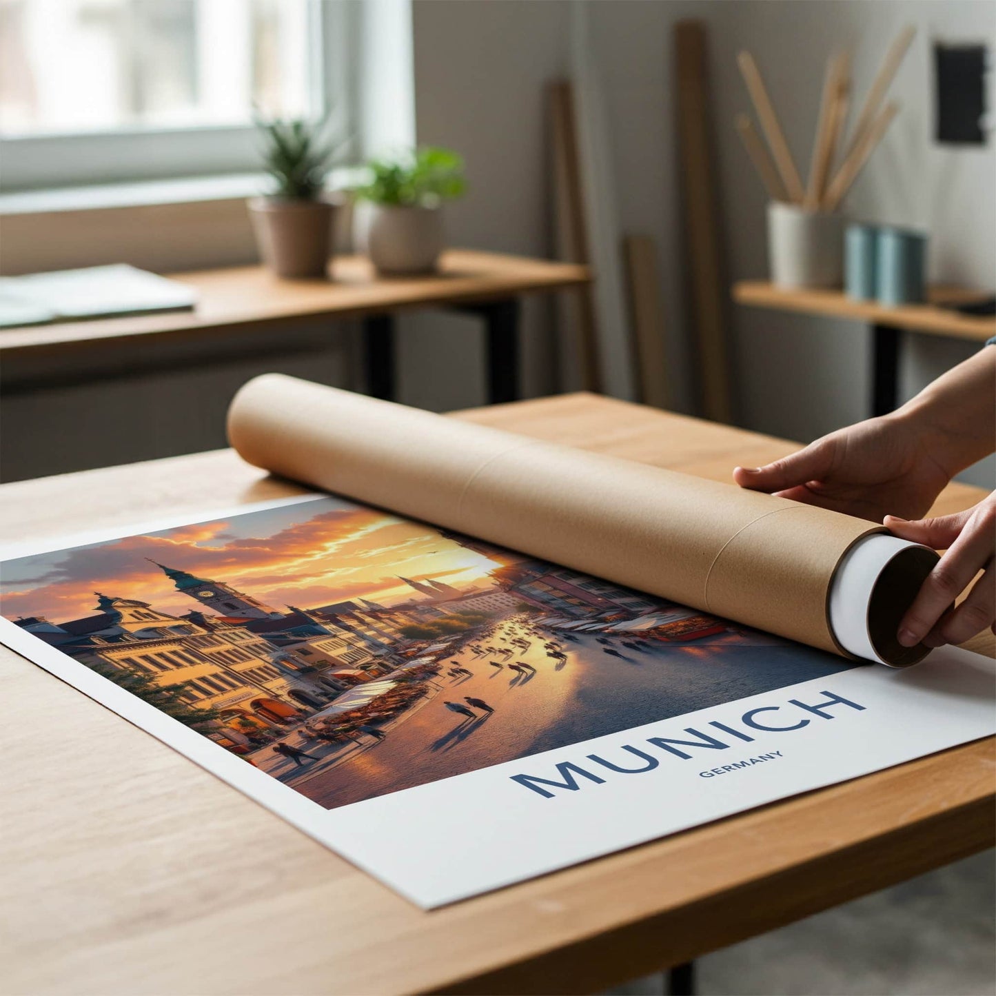 Munich Poster - Germany Travel Art - Sunset Street Scene Home Decor