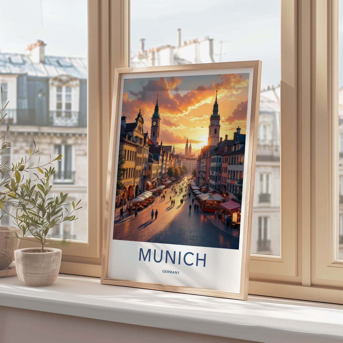 Munich Poster - Germany Travel Art - Sunset Street Scene Home Decor