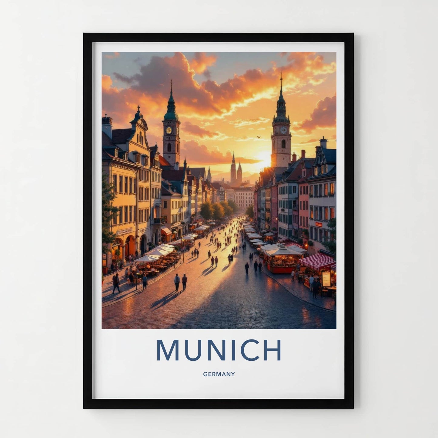 Munich Poster - Germany Travel Art - Sunset Street Scene Home Decor
