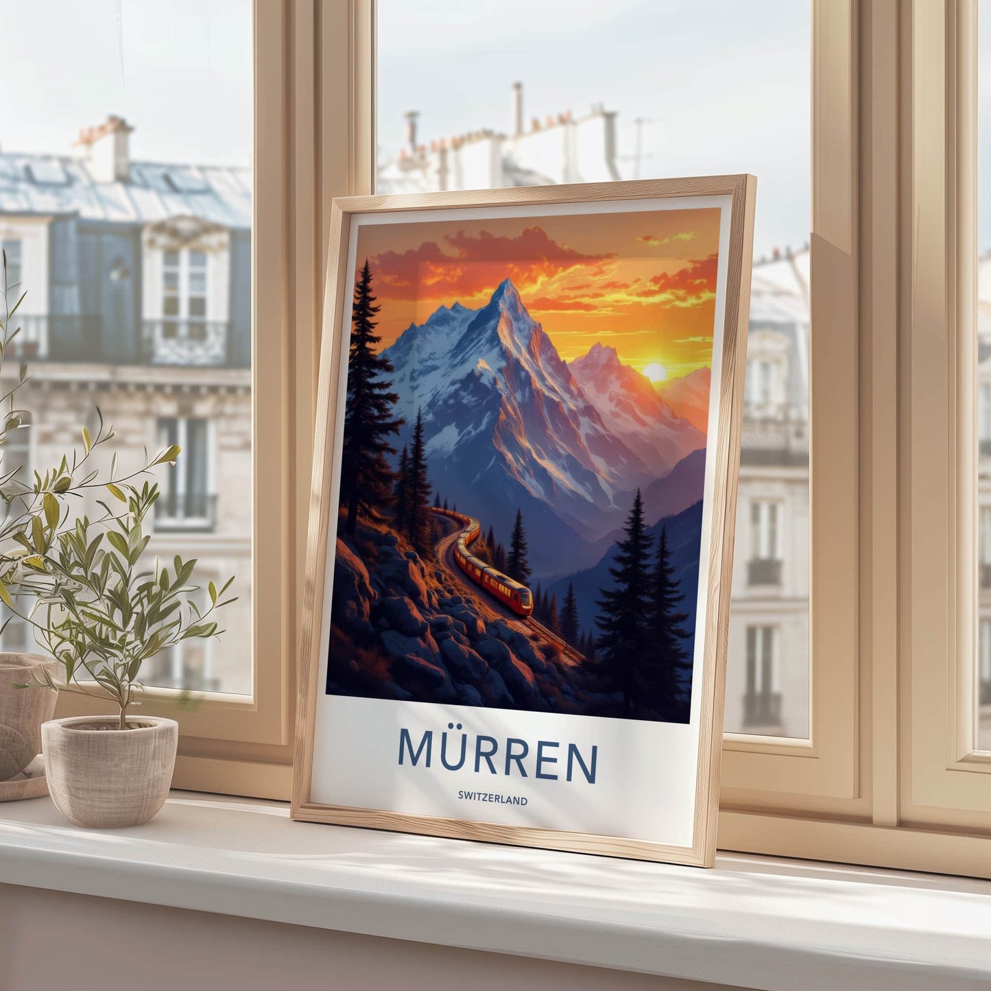 Murren Poster - Switzerland Travel Art - Alpine Train Sunset Home Decor