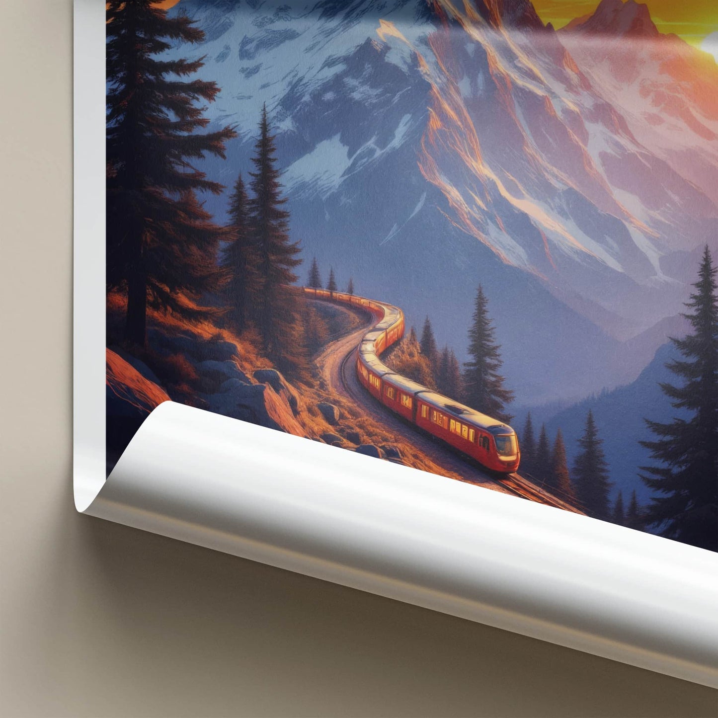 Murren Poster - Switzerland Travel Art - Alpine Train Sunset Home Decor