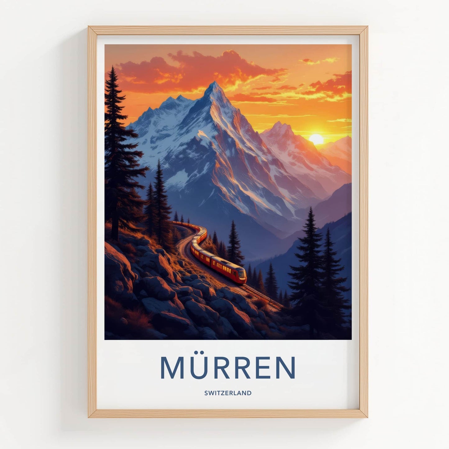 Murren Poster - Switzerland Travel Art - Alpine Train Sunset Home Decor