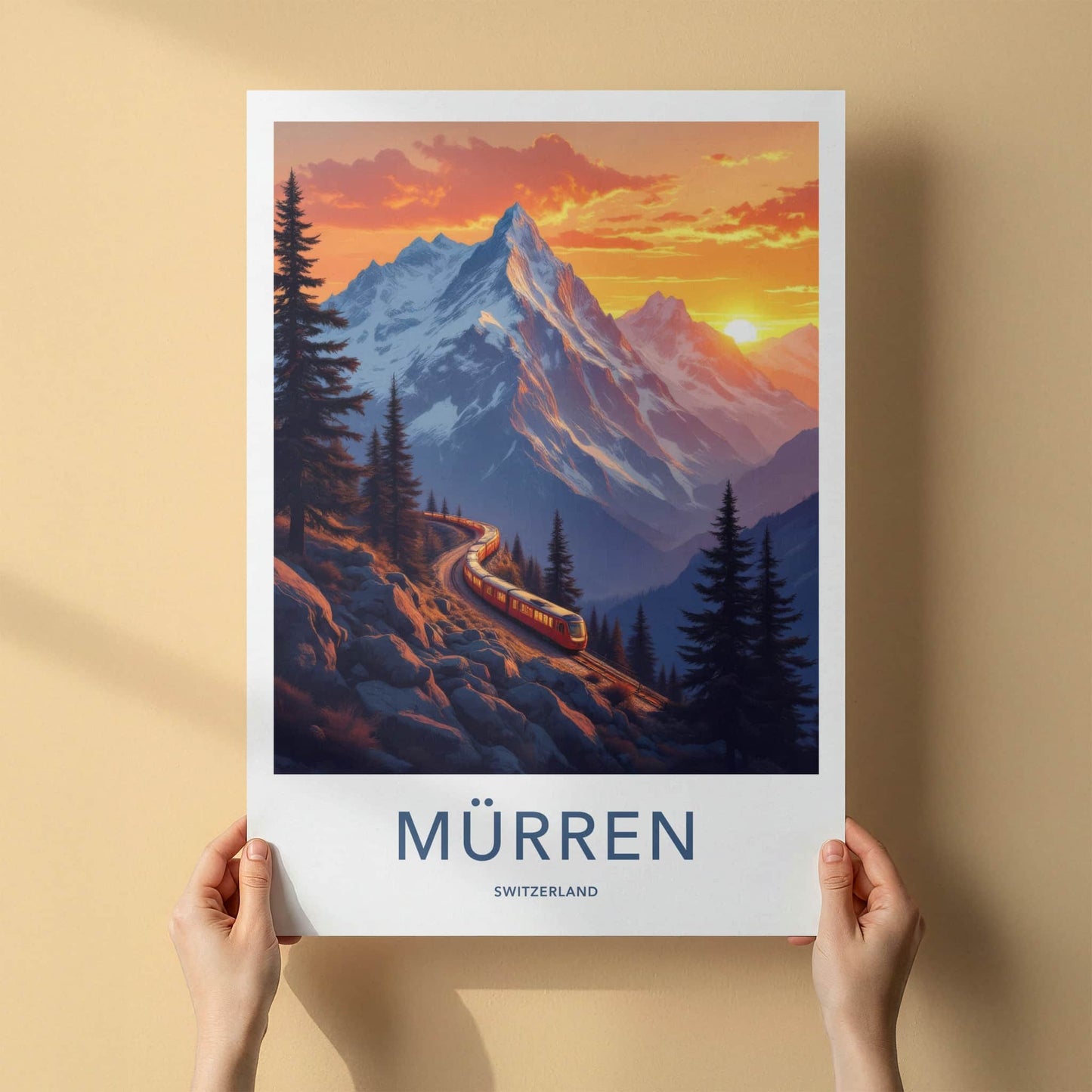 Murren Poster - Switzerland Travel Art - Alpine Train Sunset Home Decor