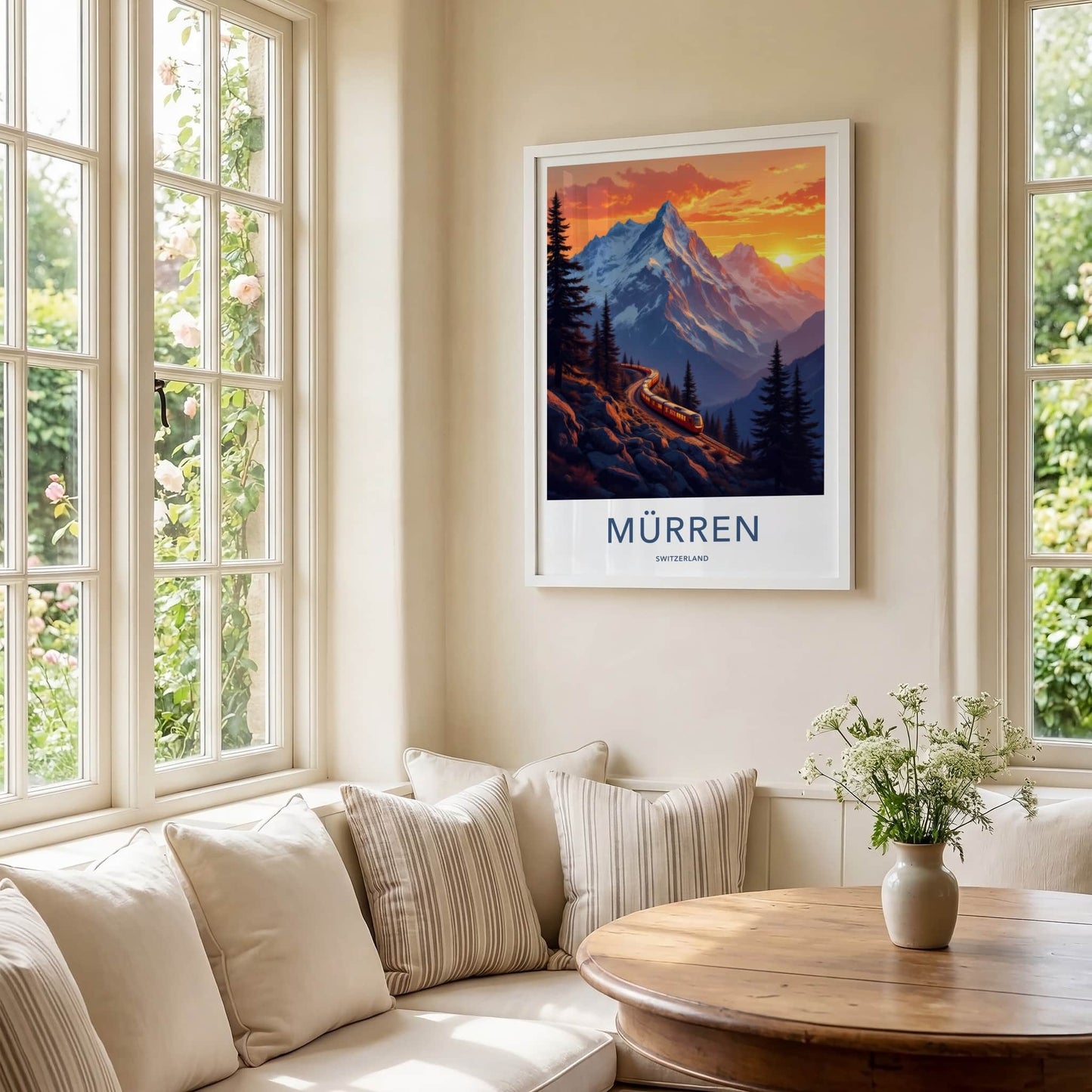 Murren Poster - Switzerland Travel Art - Alpine Train Sunset Home Decor