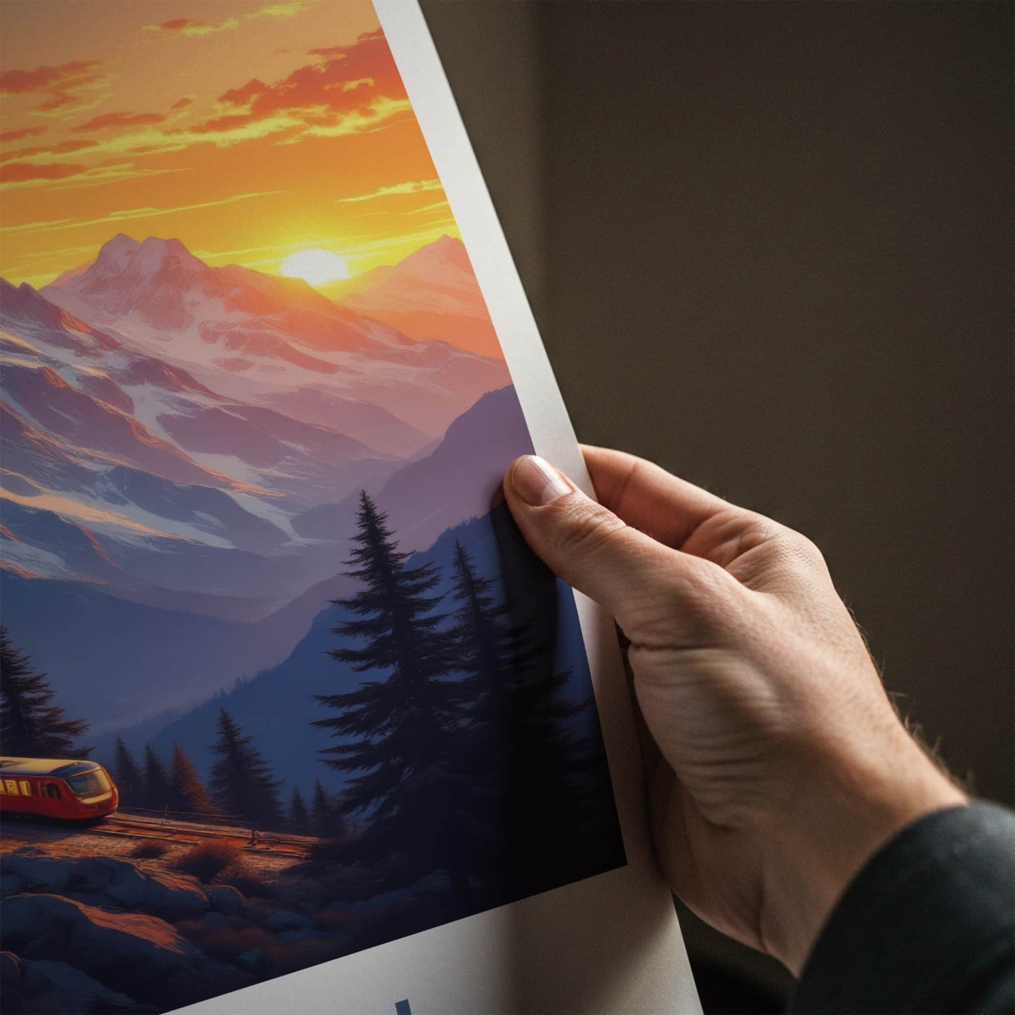 Murren Poster - Switzerland Travel Art - Alpine Train Sunset Home Decor
