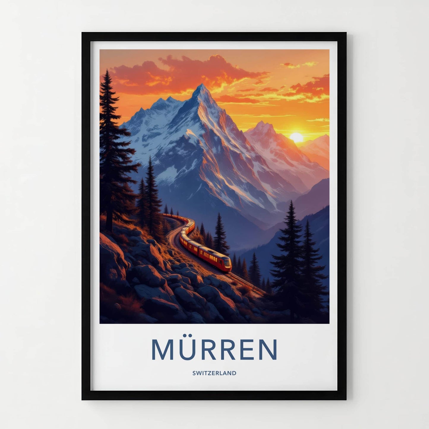 Murren Poster - Switzerland Travel Art - Alpine Train Sunset Home Decor