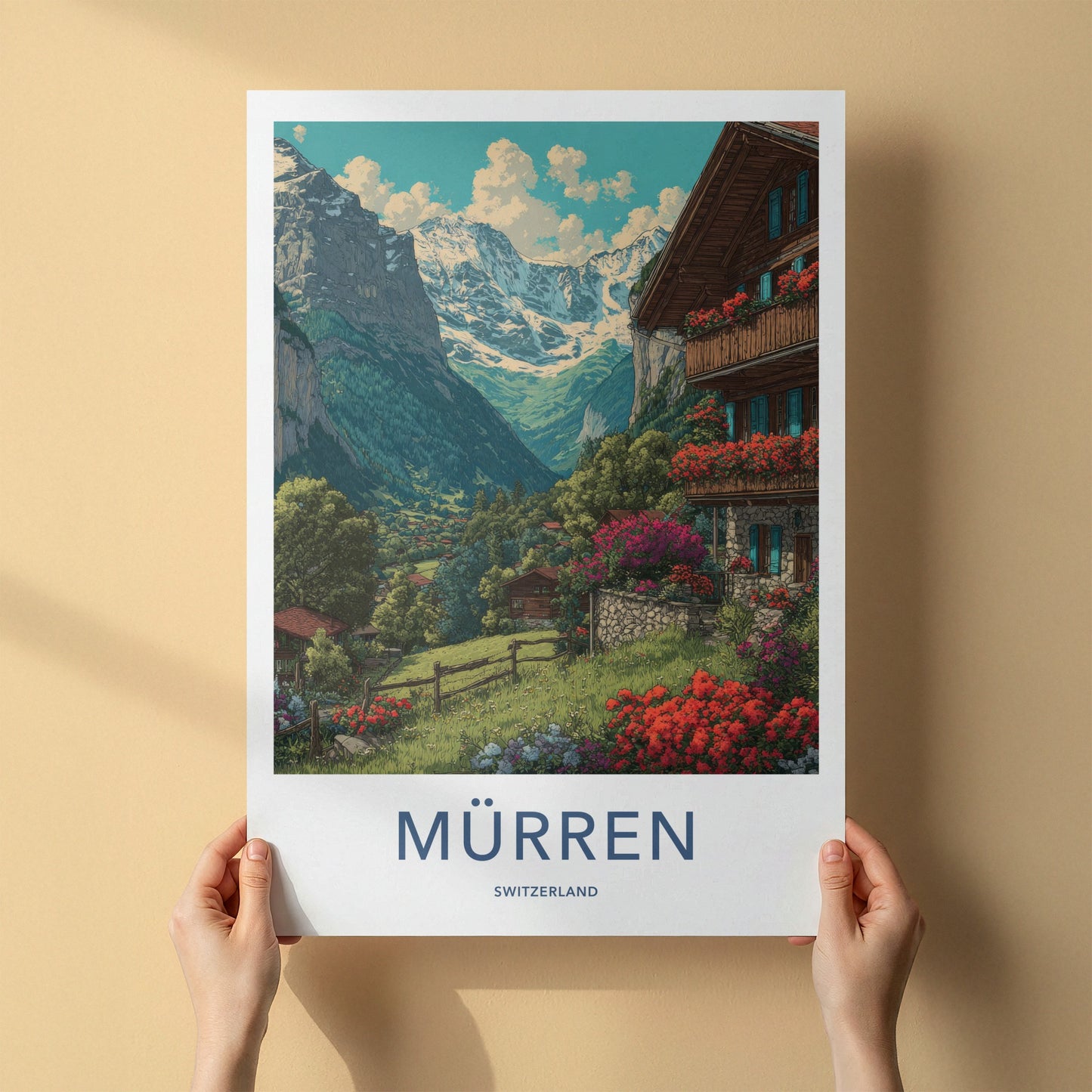 Murren Poster - Switzerland Travel Art - Alpine Valley Village Wall Decor