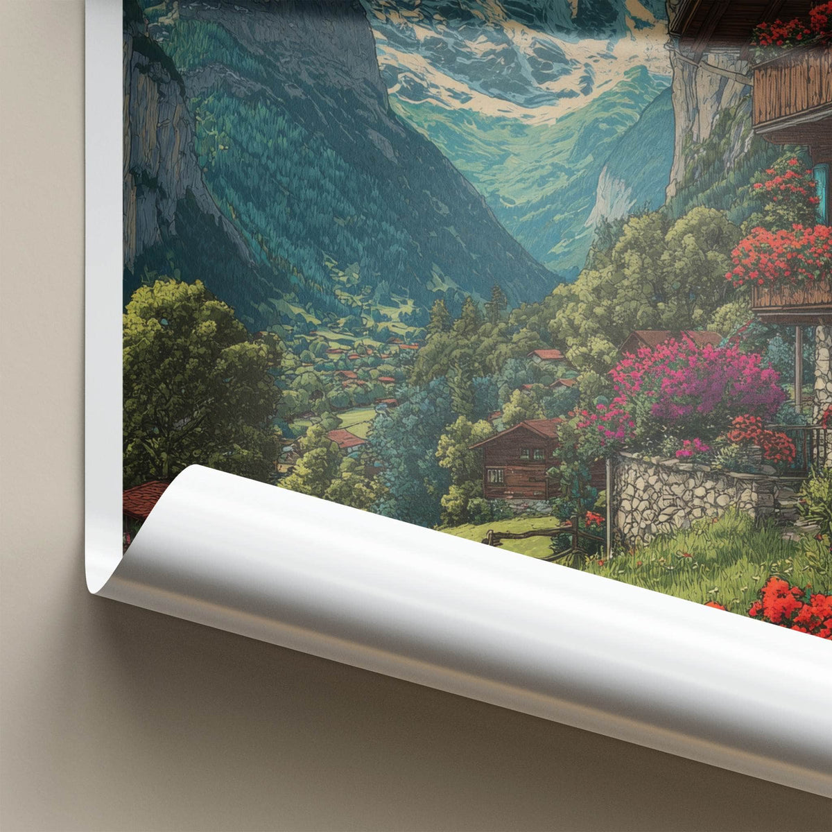 Murren Poster - Switzerland Travel Art - Alpine Valley Village Wall Decor
