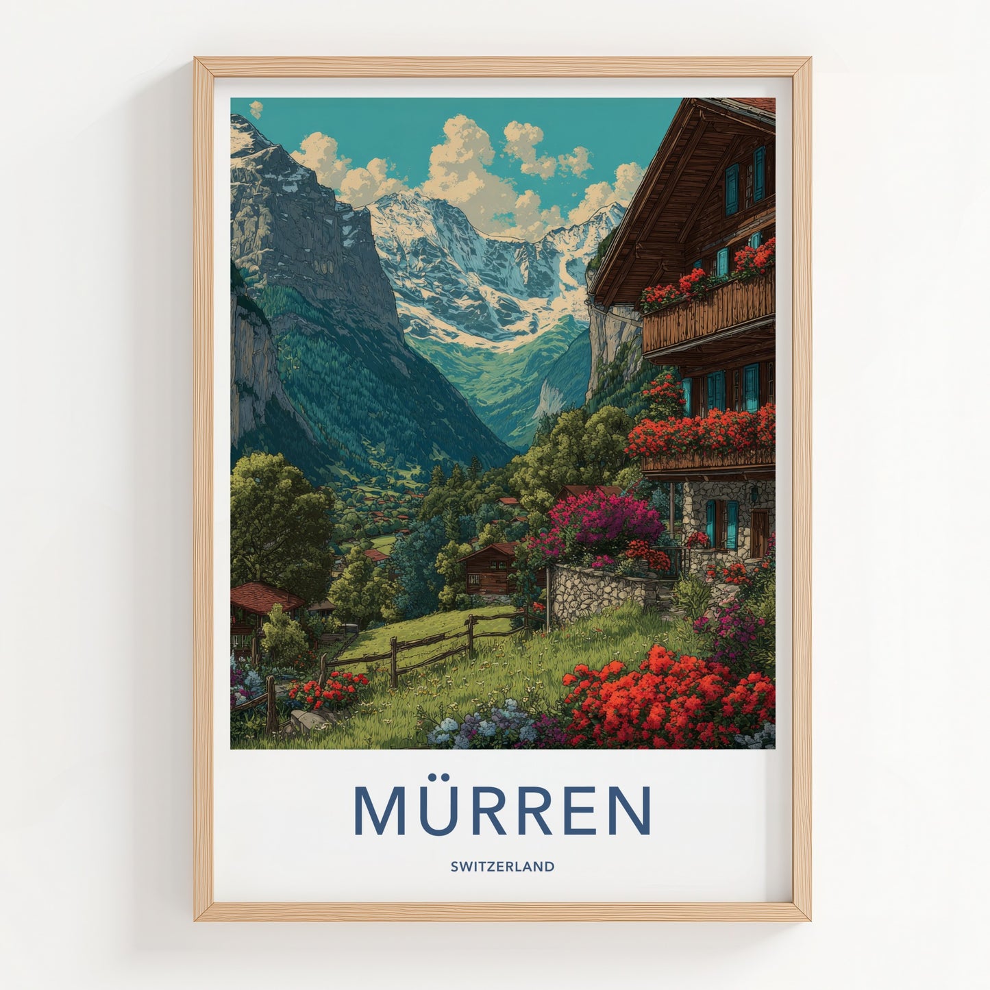 Murren Poster - Switzerland Travel Art - Alpine Valley Village Wall Decor