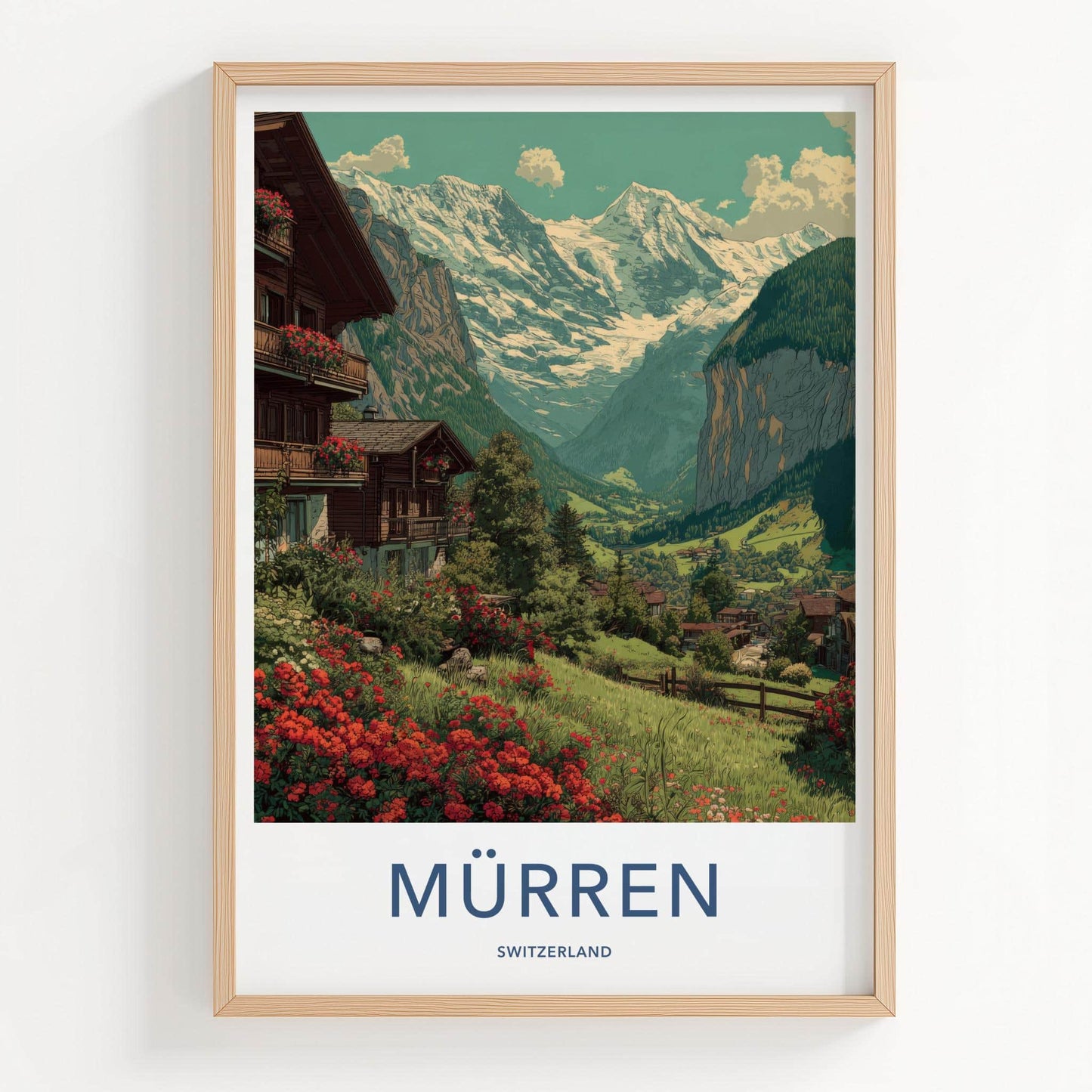 Murren Poster - Switzerland Travel Art - Alpine village panorama Home Decor