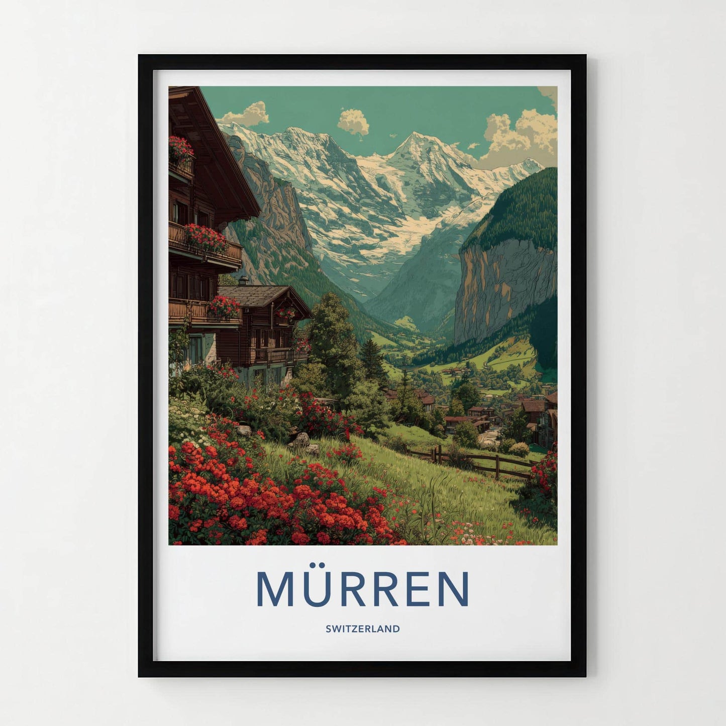 Murren Poster - Switzerland Travel Art - Alpine village panorama Home Decor