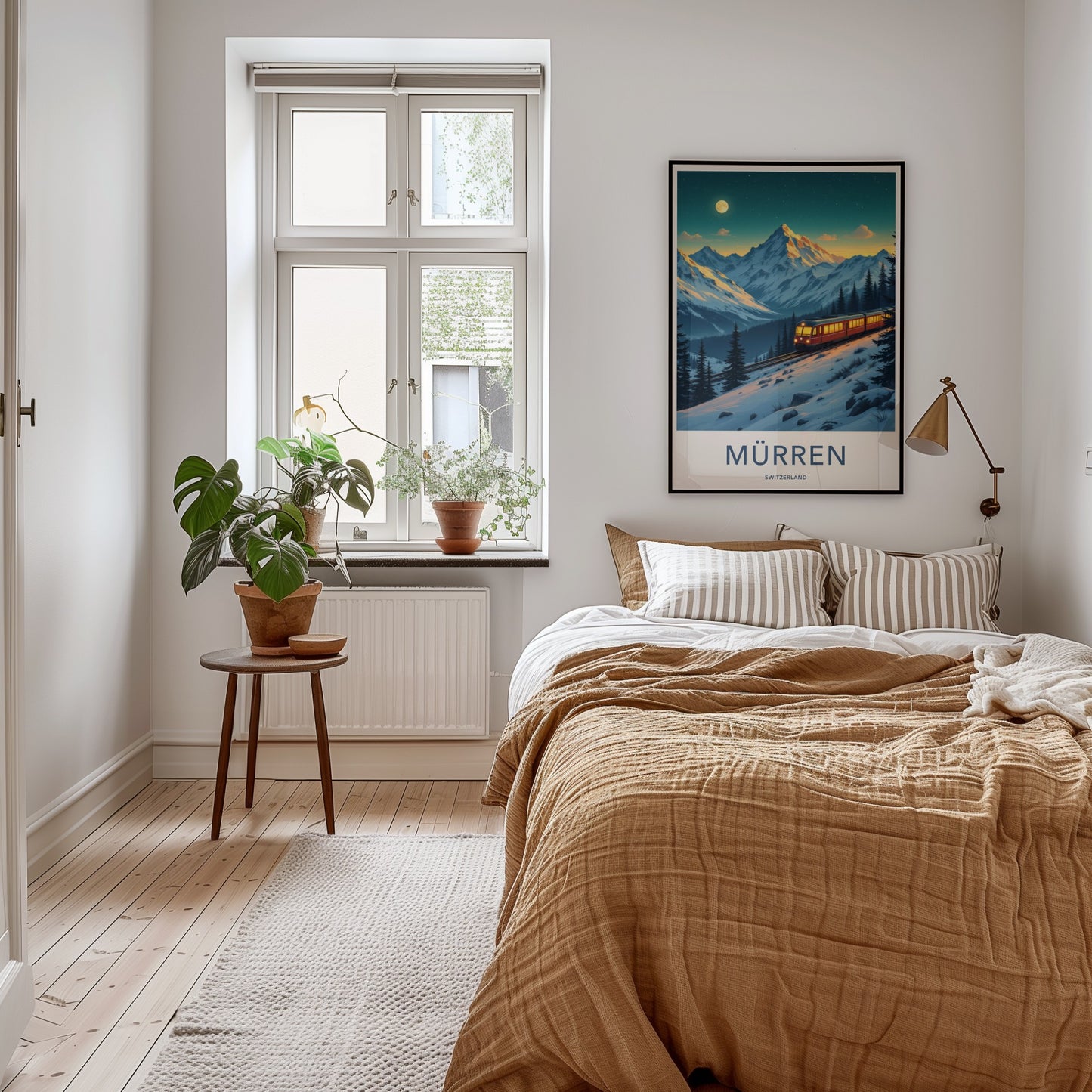 Murren Poster - Switzerland Travel Art - Moonlit Alpine Train Home Decor